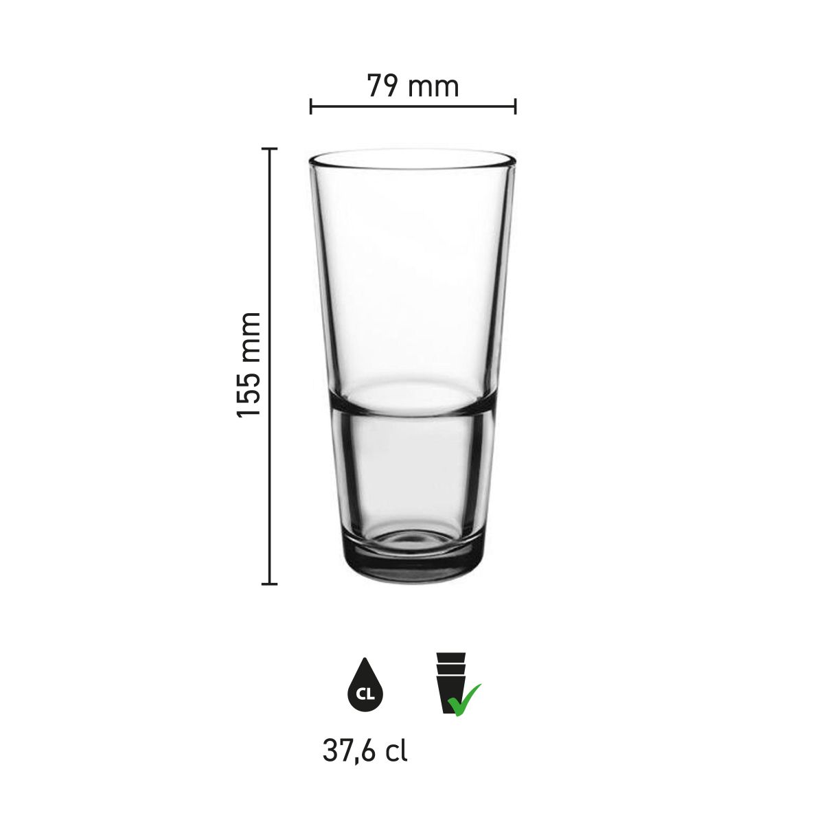 Infographic met afmetingen van het Latte Macchiato stapel Grande S glas 37,6 cl., inclusief diameter.