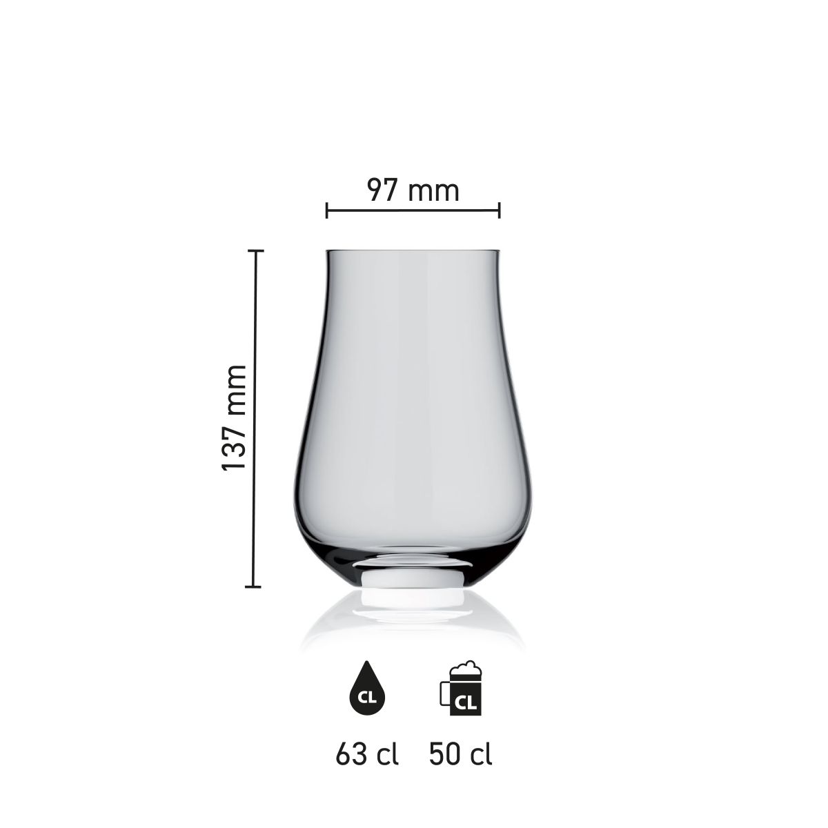 Maatvoering van het Lauren Glas 63 cl. met hoogte, diameter en inhoud in infographic