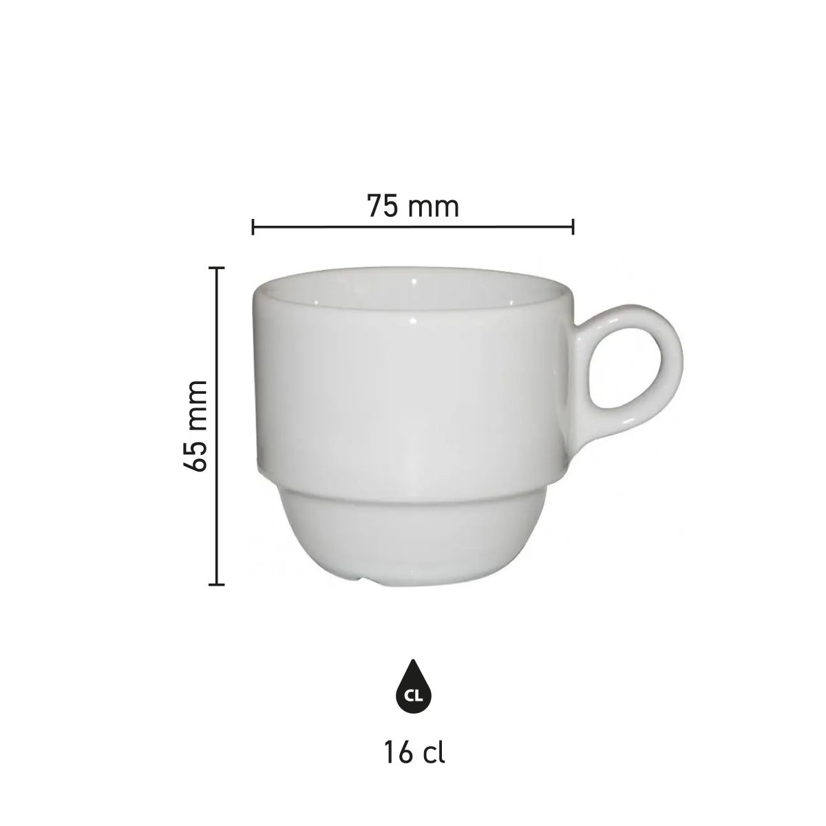 Overzicht van productafmetingen van Legio koffie kop 16 cl porselein in infographic.