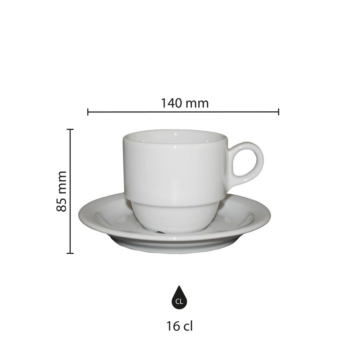 Infographic met exacte afmetingen van de Legio Koffie witte porseleinen bekerset 16 cl