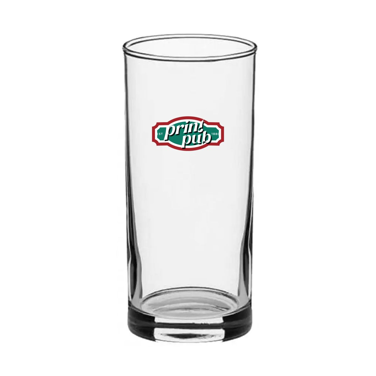 Longdrinkglas 27 cl. bedrukt met meerkleurig PrintPub-logo gecentreerd op de voorzijde van het glas.
