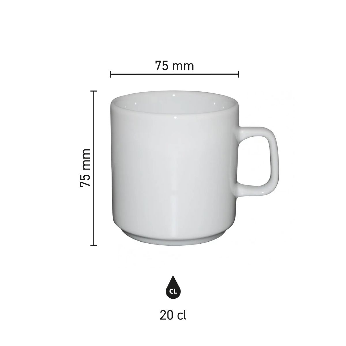 Maatvoering van de Margot mok 20 cl porselein met hoogte, diameter en inhoud in infographic