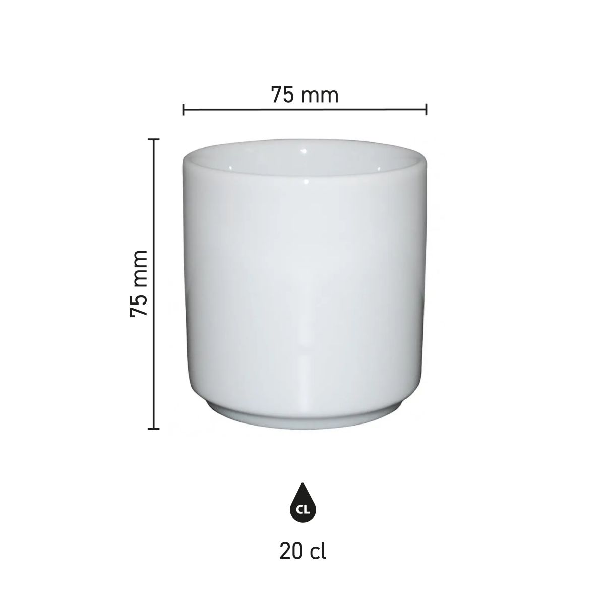 Maatvoering van de Margot mok zonder oor wit 20 cl porselein met hoogte, diameter en inhoud in infographic