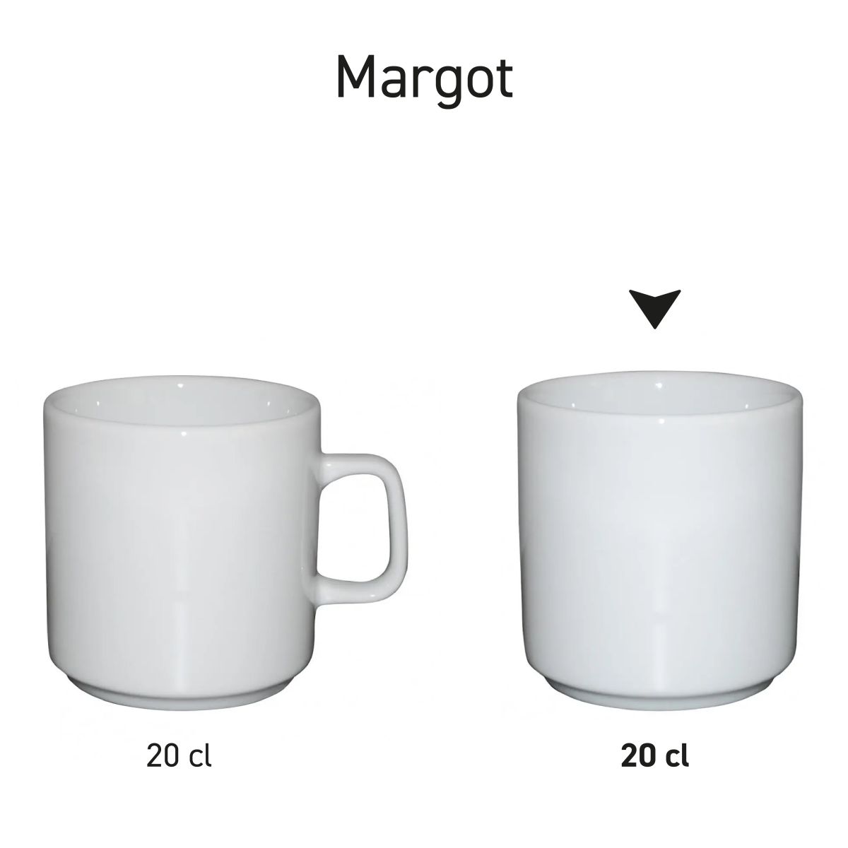 Margot mok zonder oor wit 20 cl porselein in serie, meerdere exemplaren naast elkaar getoond