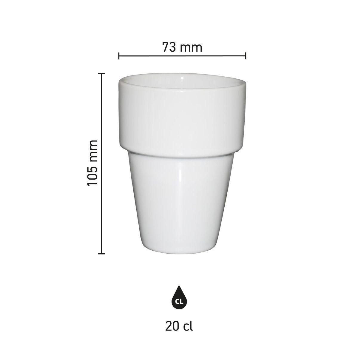 Maatvoering van de Melkbeker wit 20 cl porselein met hoogte, diameter en inhoud in infographic