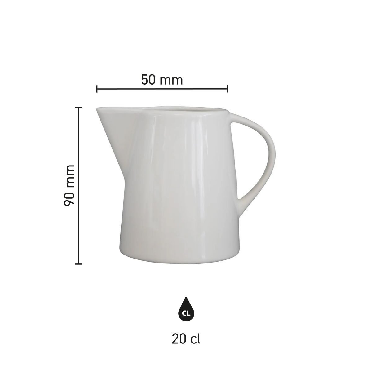 Infographic toont afmetingen van porseleinen melkkan Eva 20 cl. inclusief hoogte en diameter.
