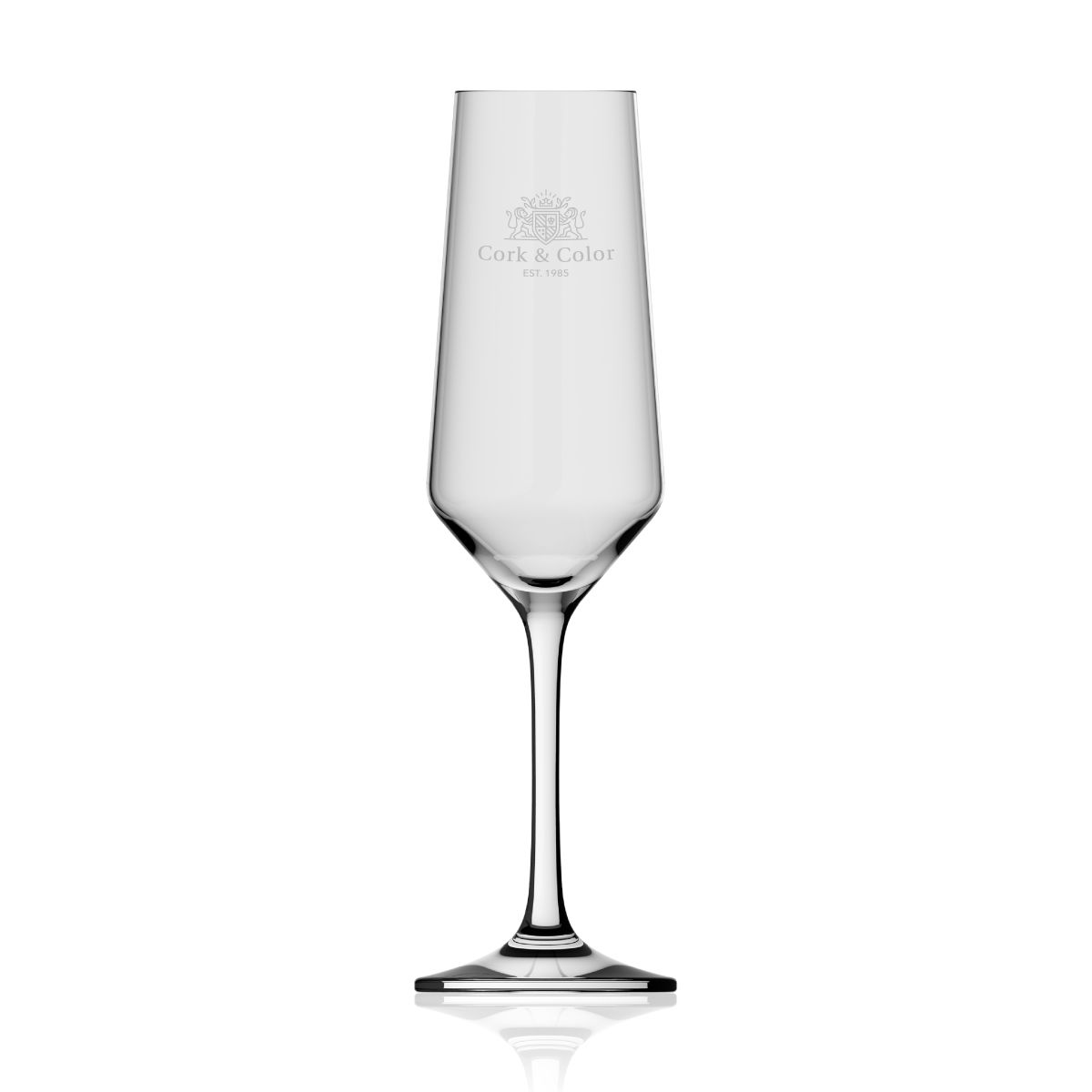 Gegraveerd CorkColor-logo op de voorkant van het Melody champagneglas 20 cl, centraal gepositioneerd.
