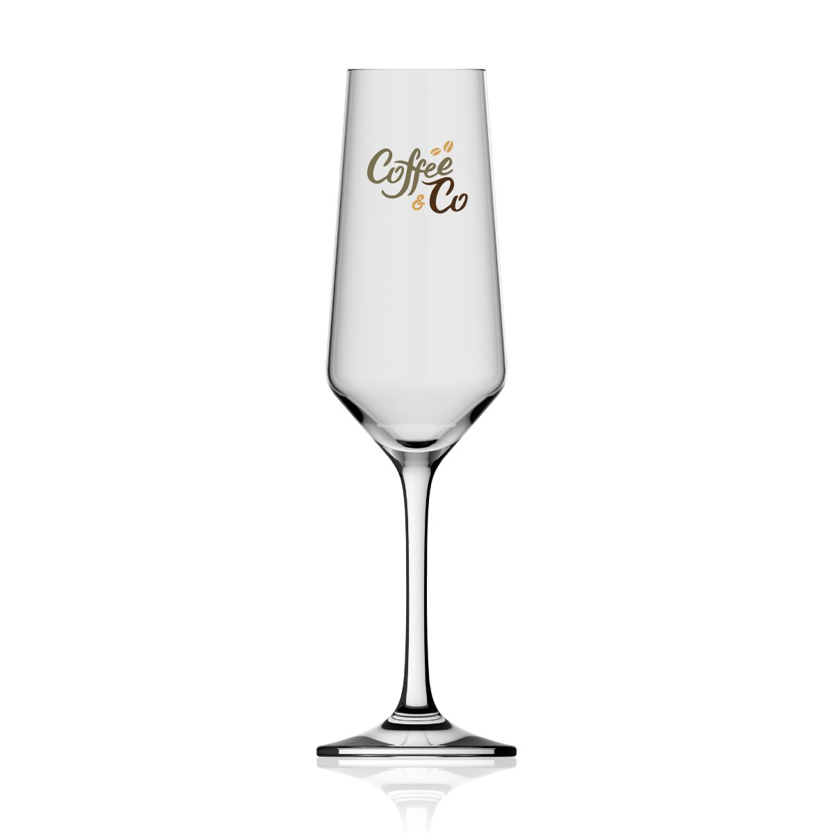 Voorzijde van Melody champagneglas 20 cl bedrukt met meerkleurig CoffeeCo-logo op transparante ondergrond.