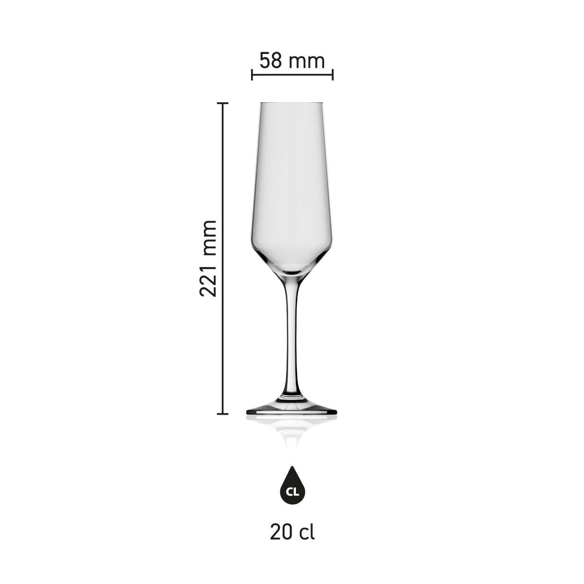 Infographic met hoogte en inhoud van het Melody champagneglas 20 cl, weergegeven met maataanduidingen.