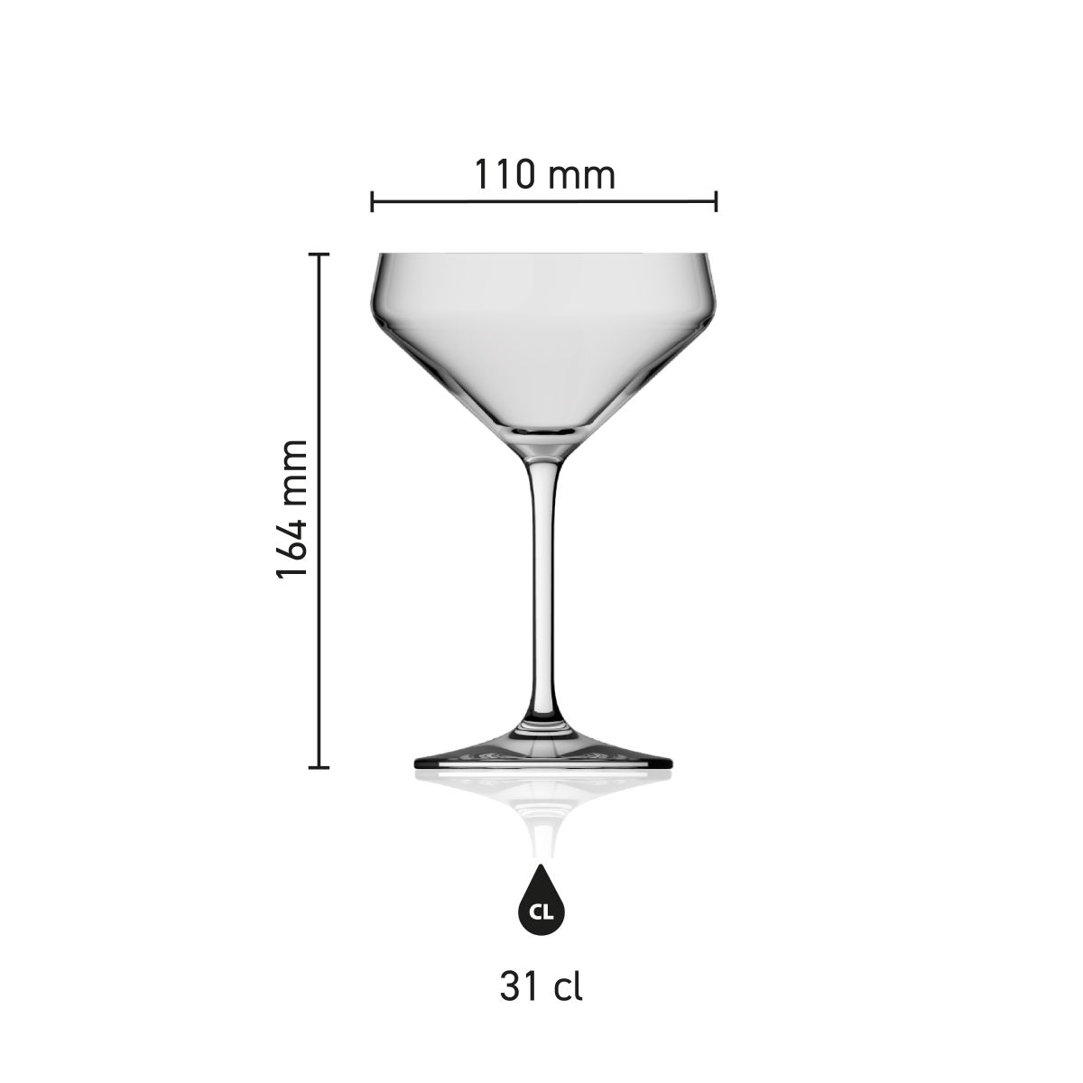 Infographic toont afmetingen van het Melody coupeglas 31 cl. in detail, inclusief hoogte en diameter.