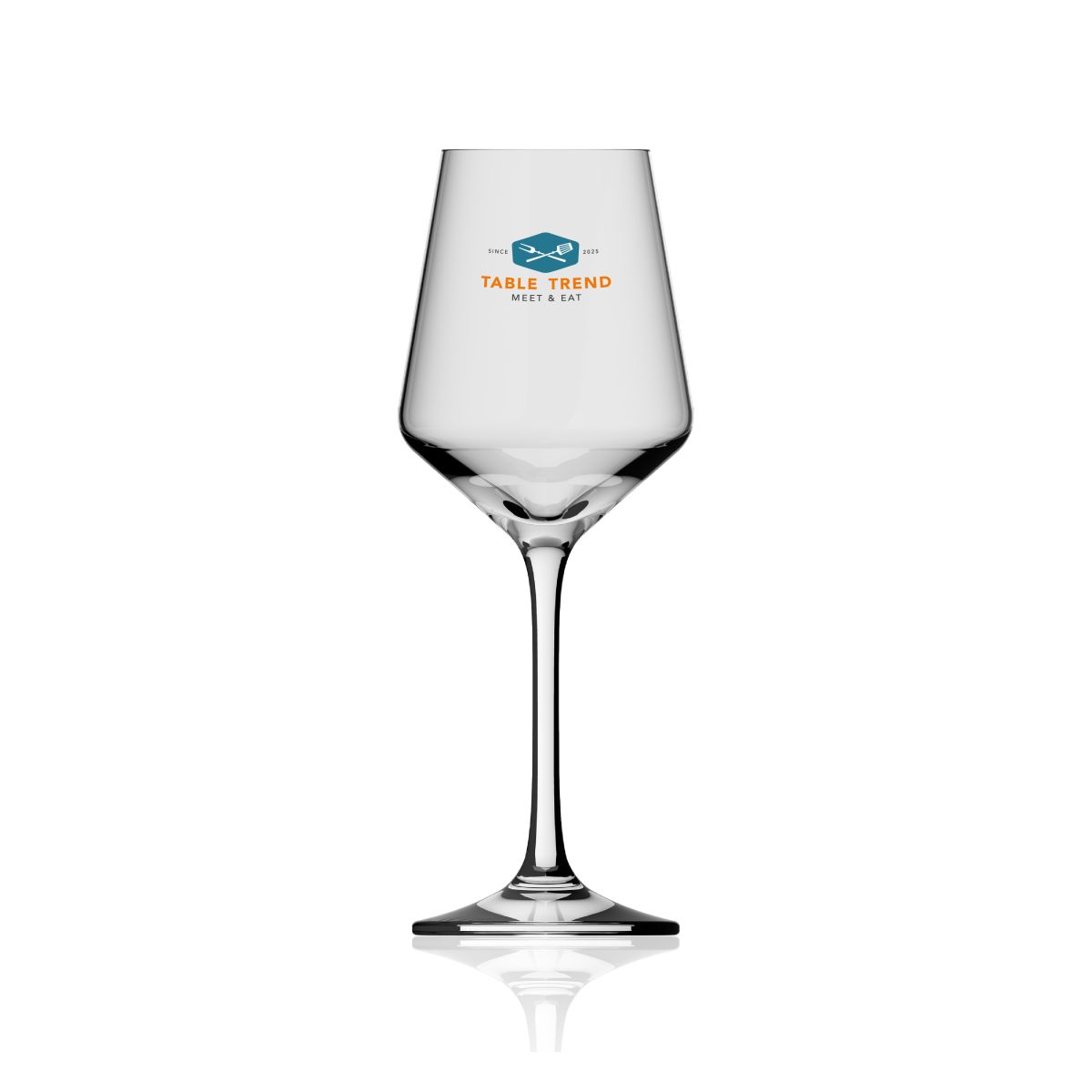 Voorzijde van Melody proefwijnglas 23 cl. bedrukt met meerkleurig TableTrend-logo op helder glas.
