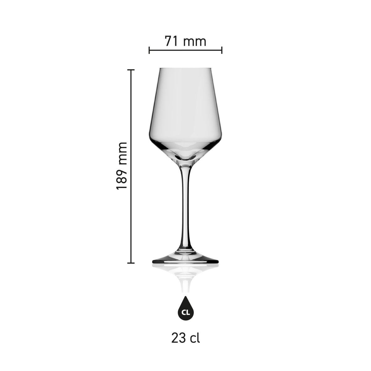 Infographic met maataanduidingen van het Melody proefwijnglas 23 cl. inclusief hoogte en inhoud.