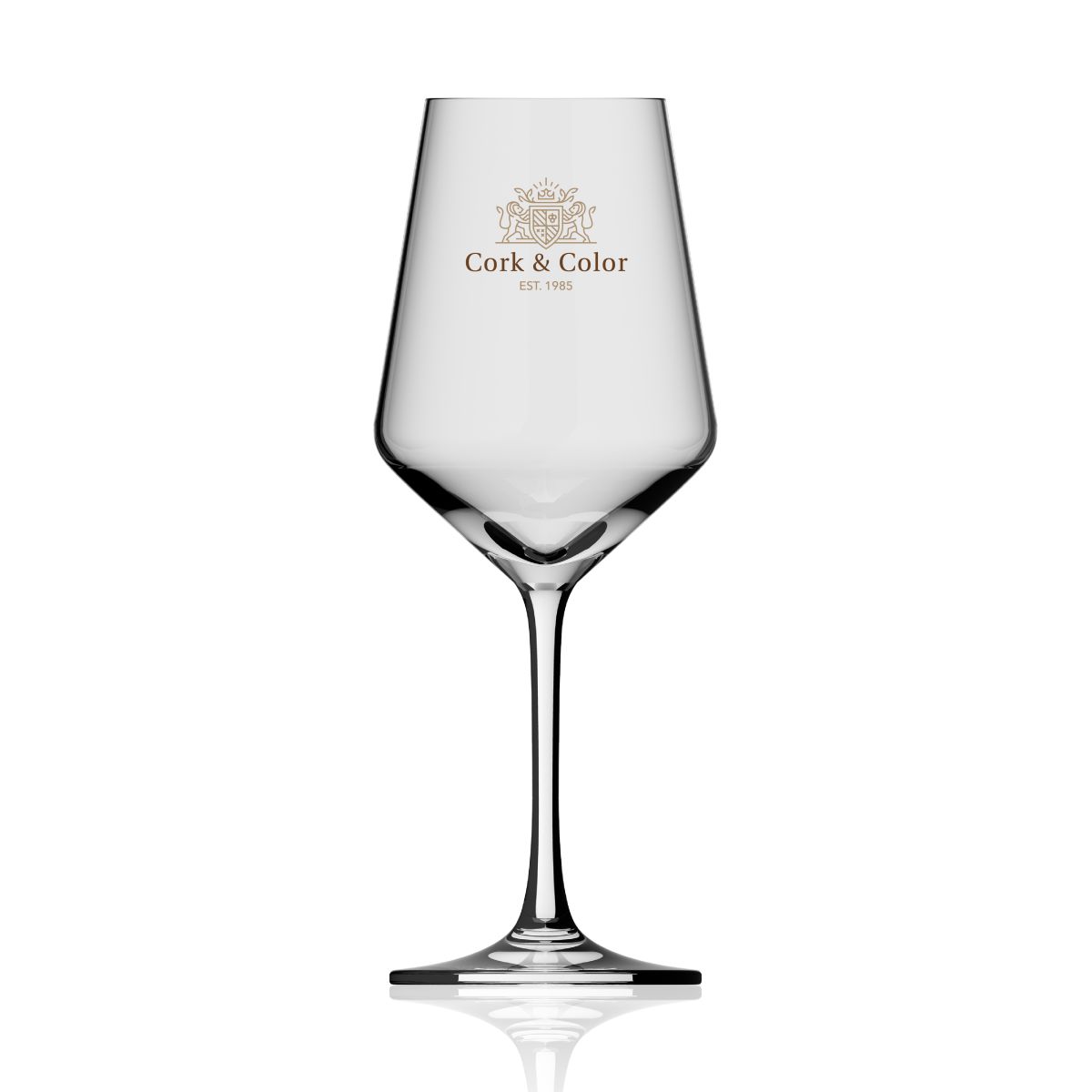 Melody wijnglas 35 cl. van glas met meerkleurig CorkColor-logo op de voorzijde bedrukt.