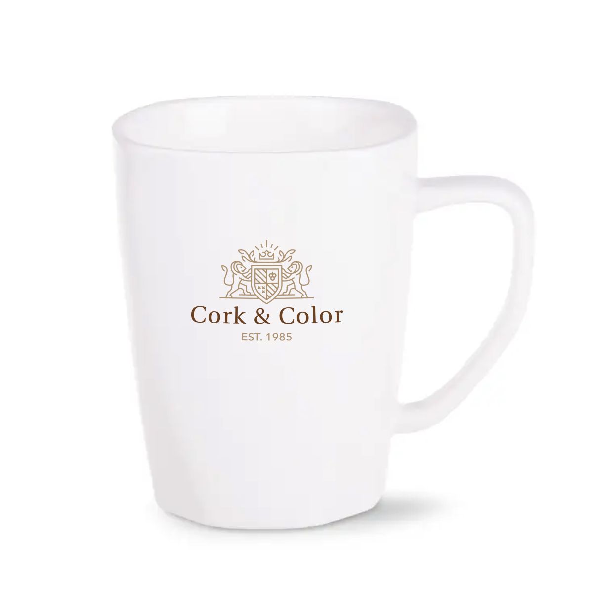 Vooraanzicht van porseleinen mok Edge 28 cl met meerkleurig logo van merk CorkColor.