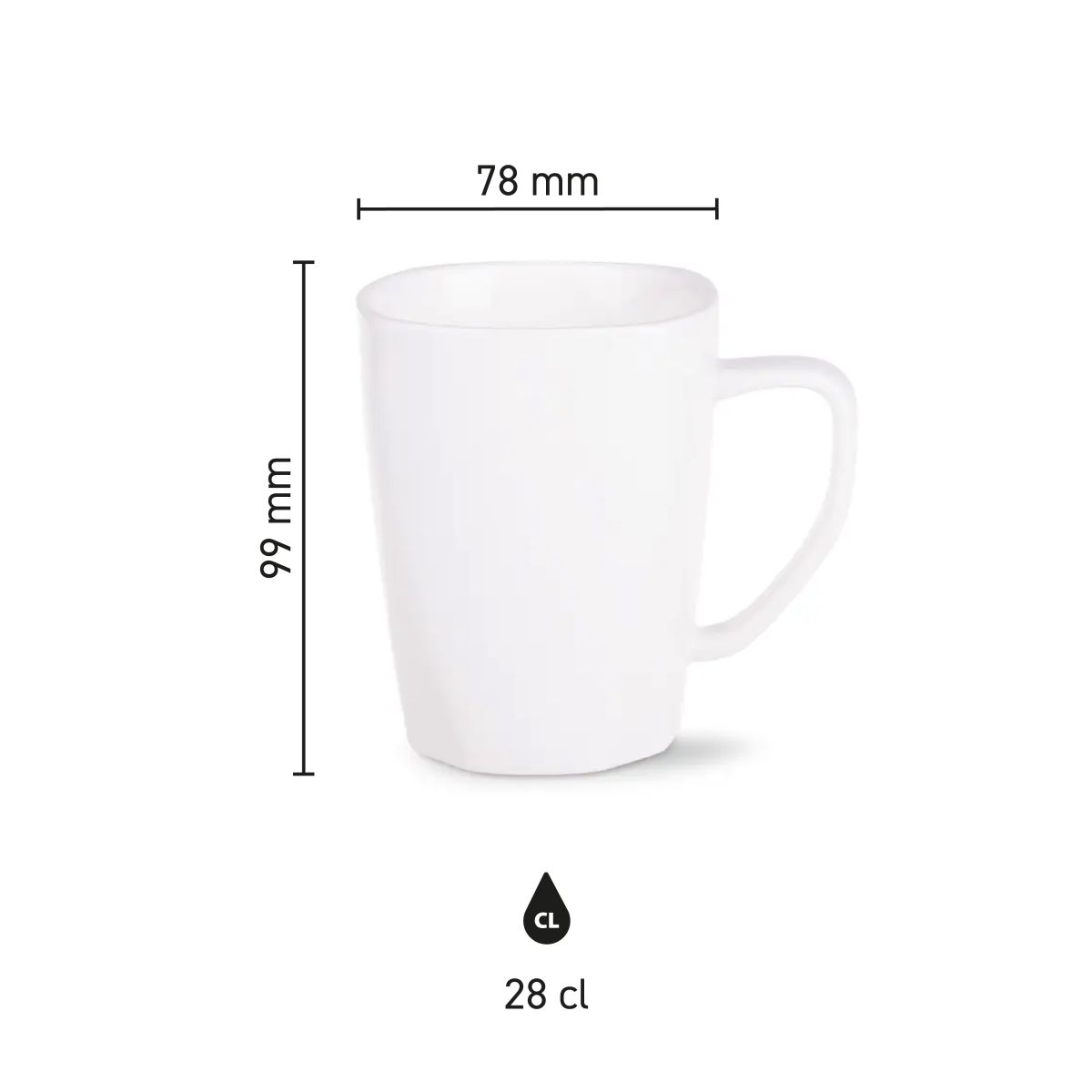 Infographic toont hoogte, diameter en inhoud van porseleinen mok Edge 28 cl.