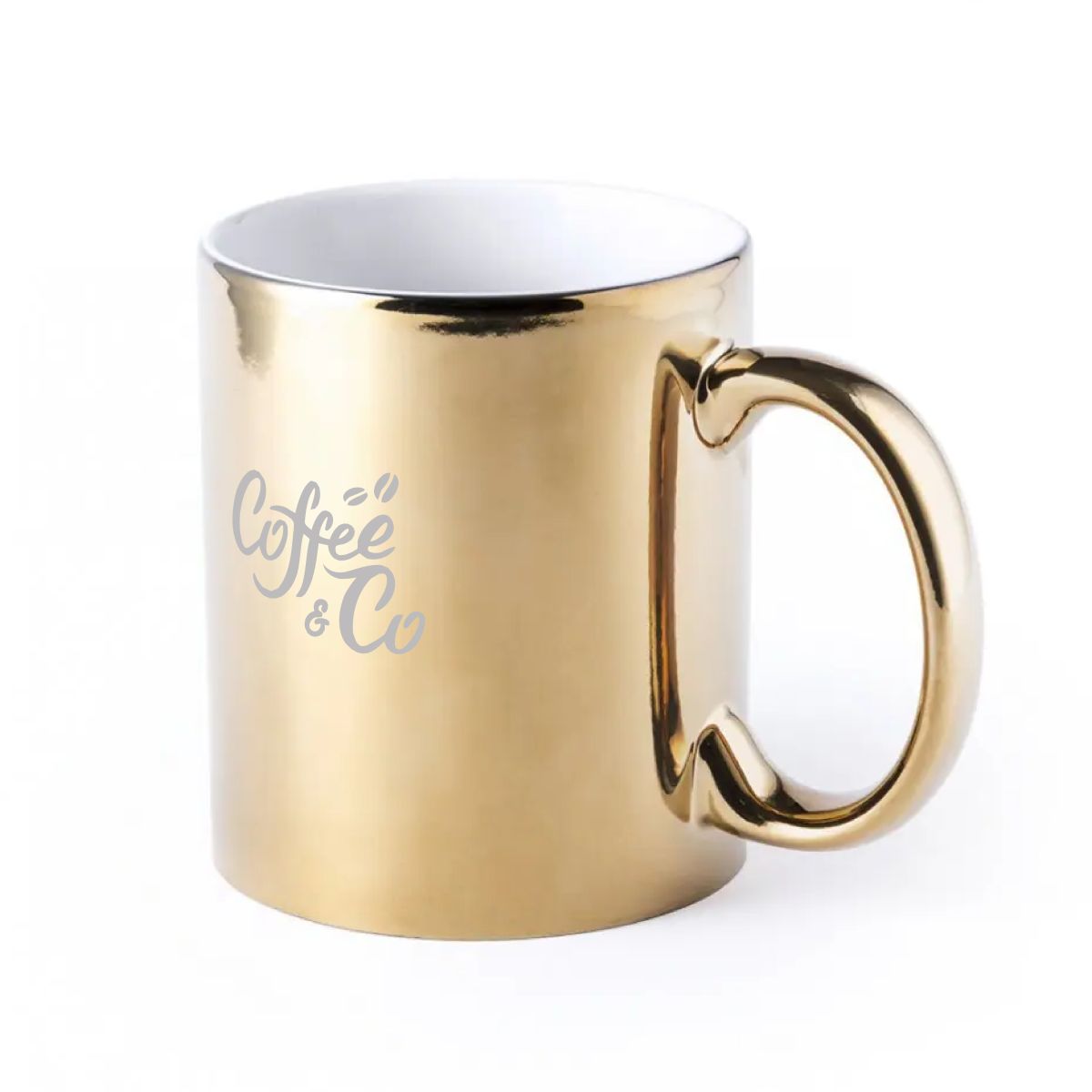 Gravure van CoffeeCo op mok Jasper 35 cl., metallic buitenkant en porseleinen afwerking in vooraanzicht.