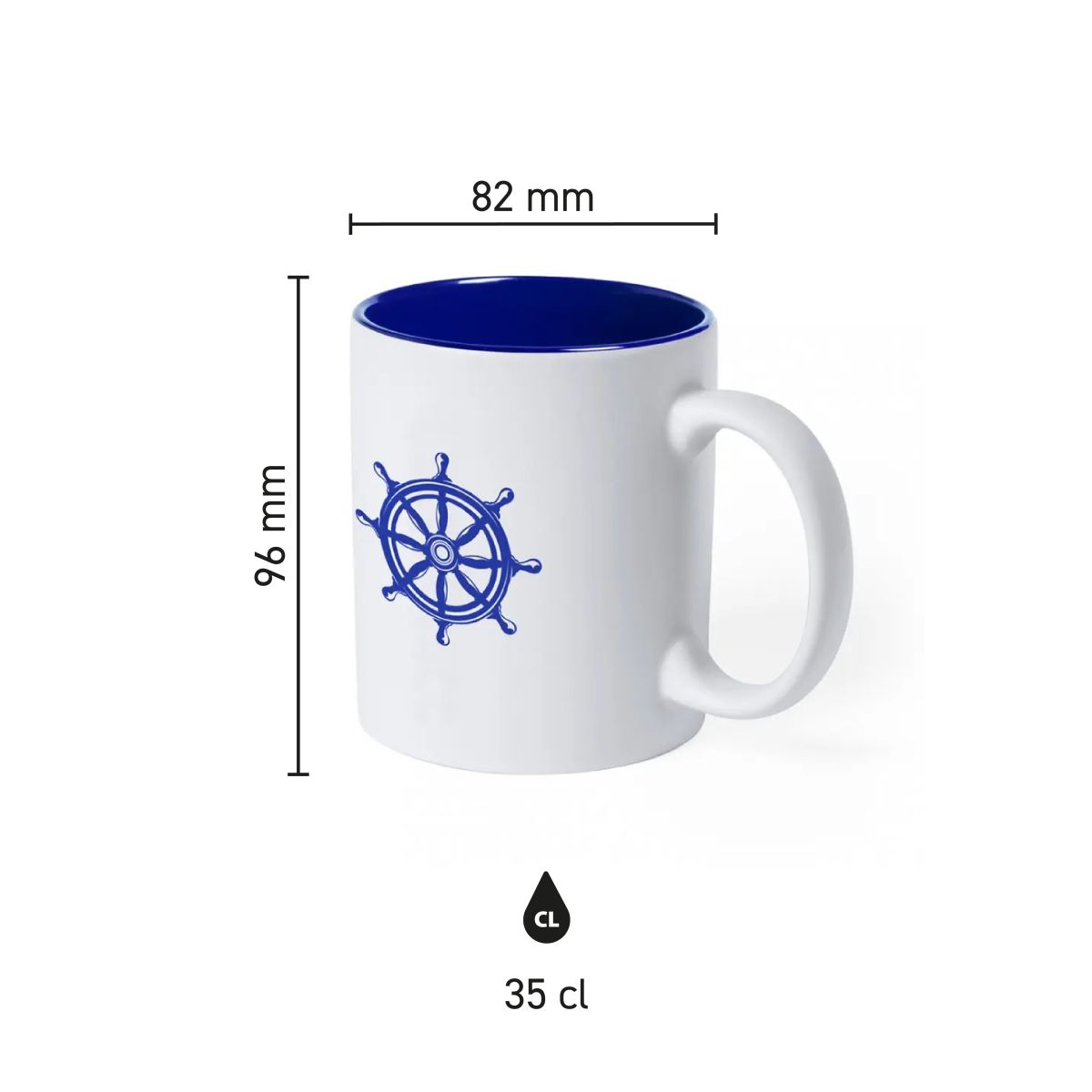 Infographic toont de afmetingen van mok Kulmer 35 cl., porseleinen model met gekleurde binnenzijde.