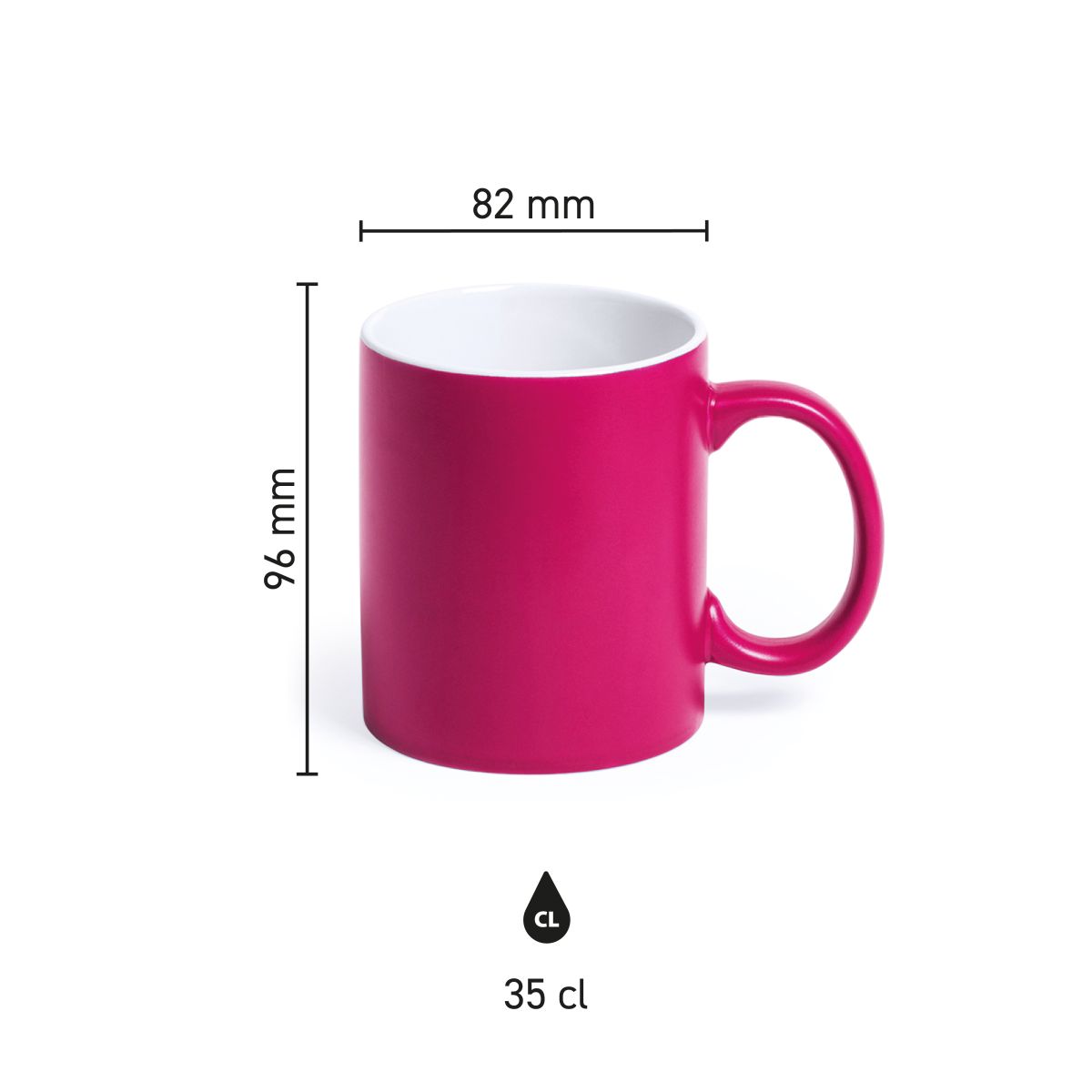 Infographic toont de productafmetingen van mok Lisa 35 cl. porselein met  gekleurde buitenzijde.