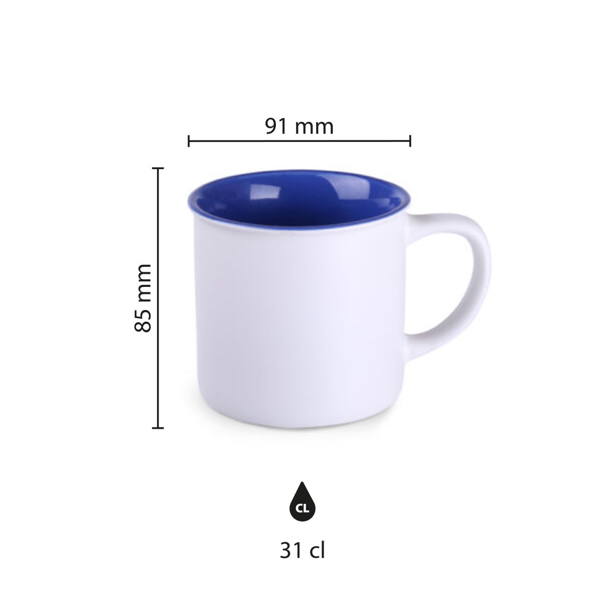 Infographic toont productafmetingen van Mok Loft Pure 31 cl keramiek, inclusief hoogte en diameter.