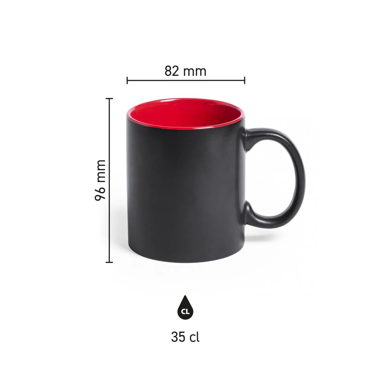 Infographic met productafmetingen van mok Milo 35 cl zwart, gekleurde binnenzijde van keramiek.