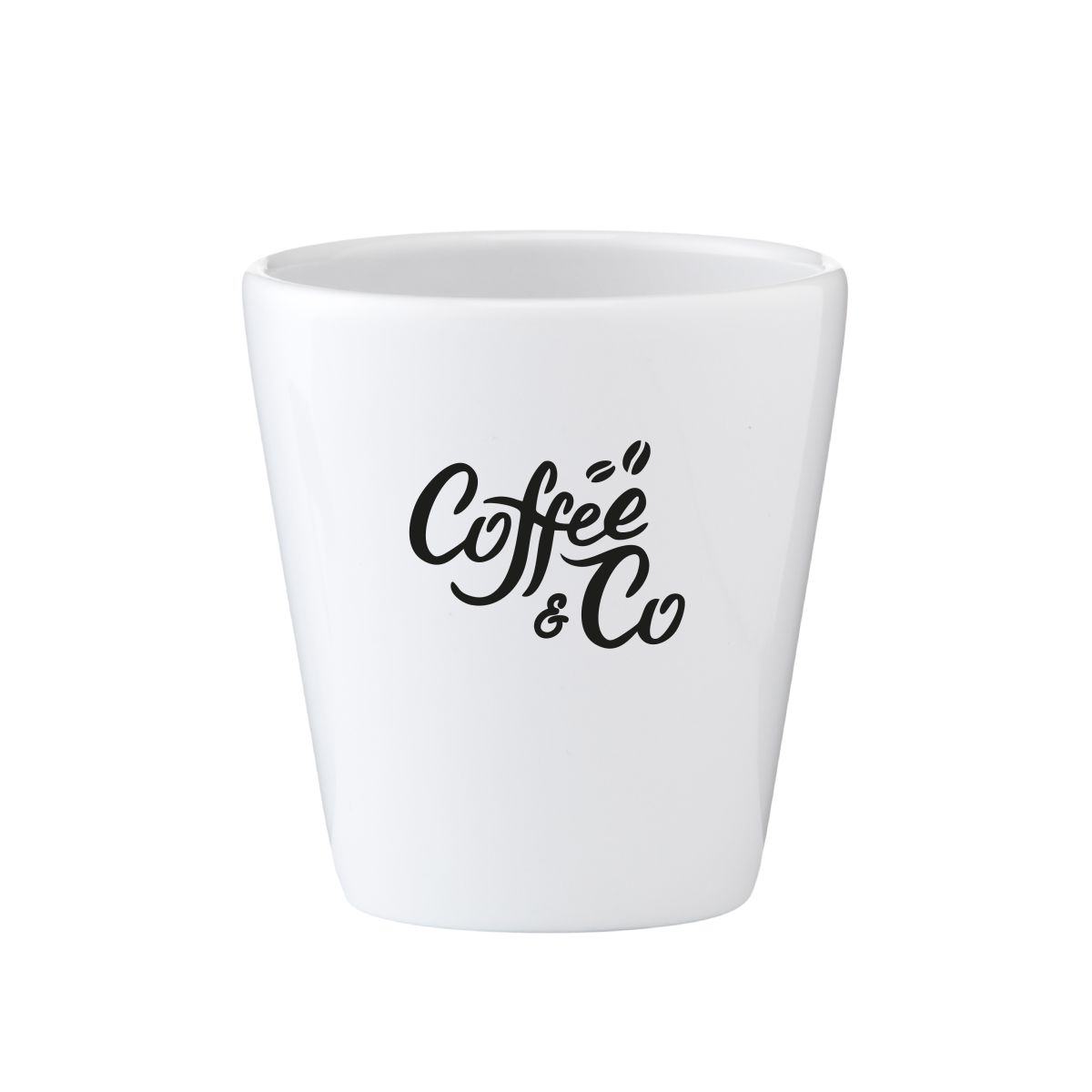Bedrukt logo ‘CoffeeCo’ in één kleur centraal op porseleinen mok Palermo 20 cl. zonder oor.