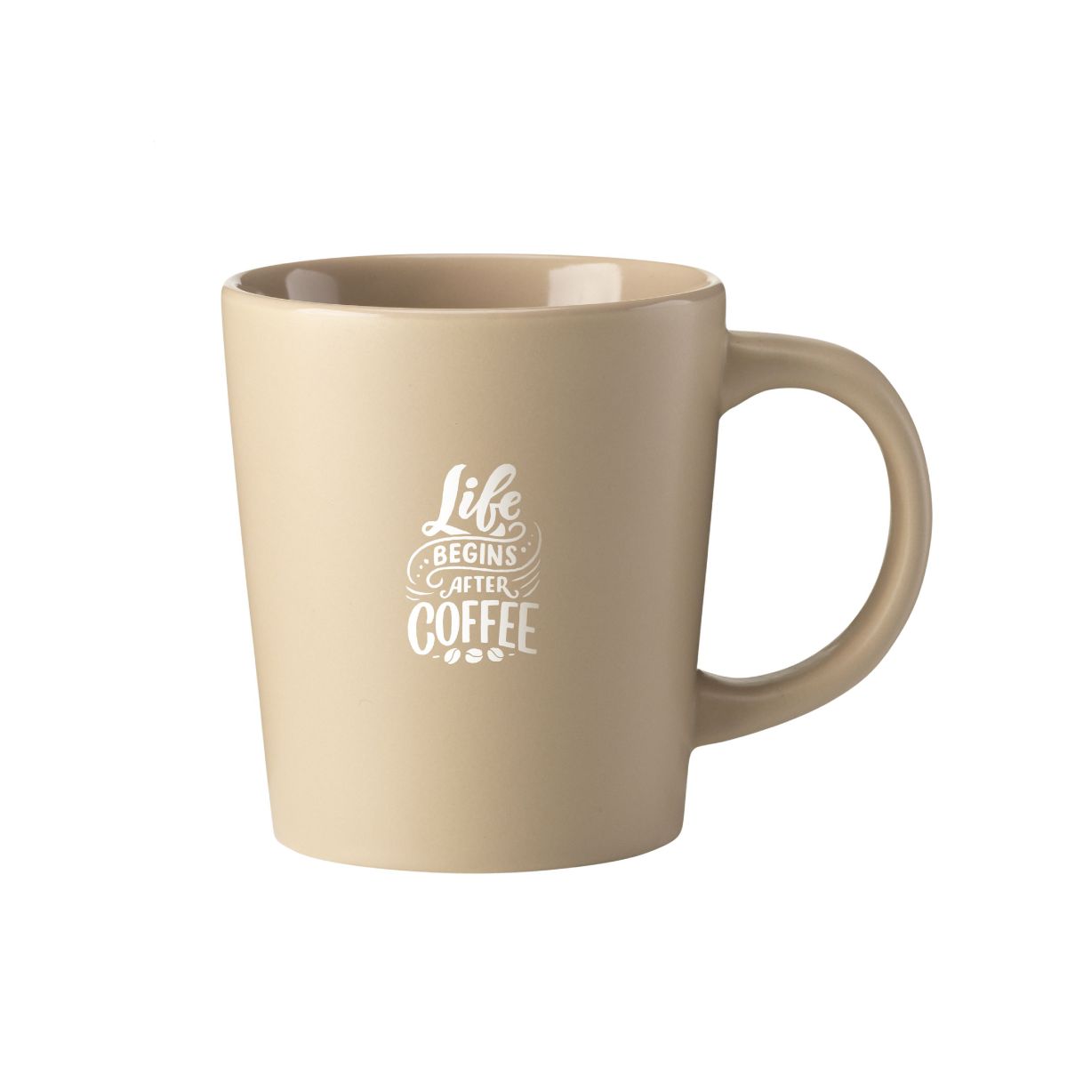 Mok Ponti 25 cl. in mat keramiek, vooraanzicht met het opschrift ‘lifebeginsaftercoffee’.