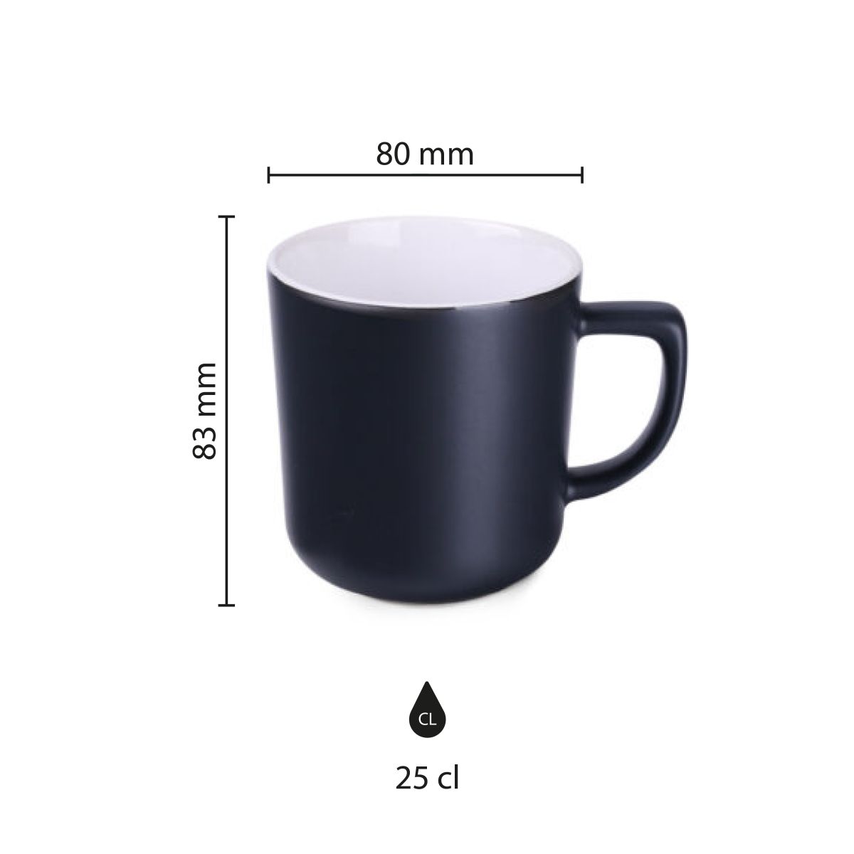 Infographic toont de productafmetingen van keramische mok Rico Supreme 25 cl. vanuit meerdere hoeken.