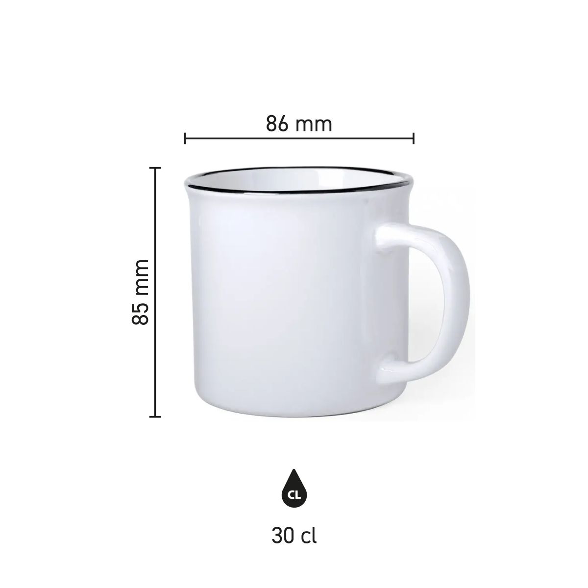 Infographic met afmetingen van mok Sinora 30 cl. inclusief hoogte, diameter en inhoud.