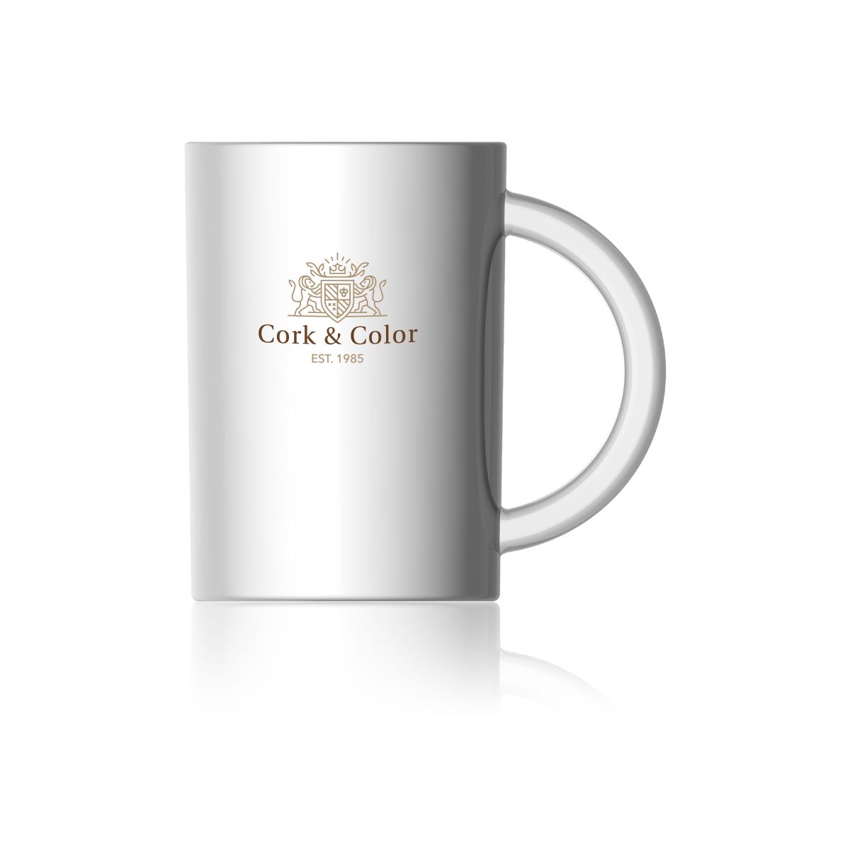 Mok Torm 31 cl. van wit porselein met meerkleurig logo van CorkColor op het voorpaneel