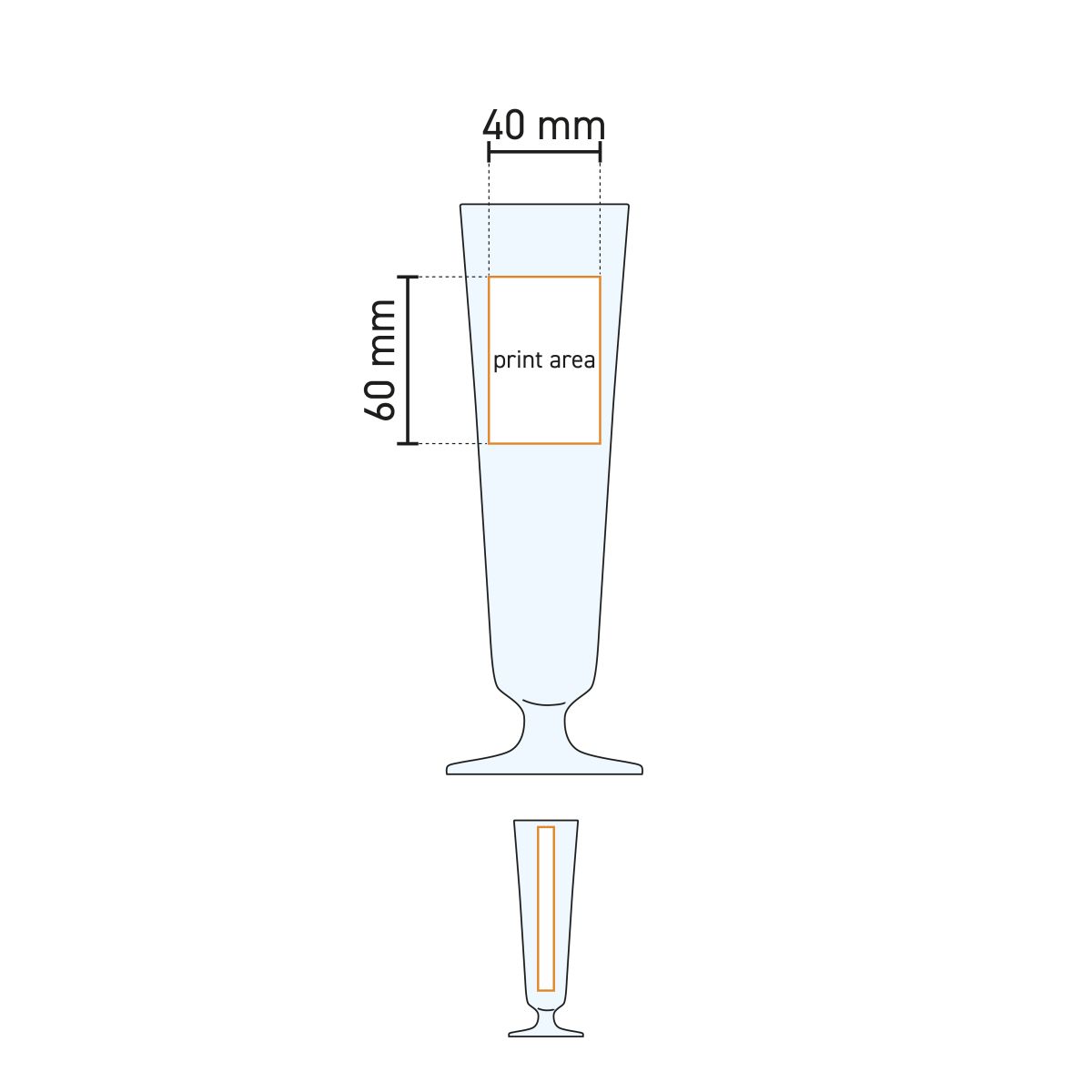 Technische werktekening van het Munster Tulpe 25 cl tapmaat glas met drukgebied-aanduiding