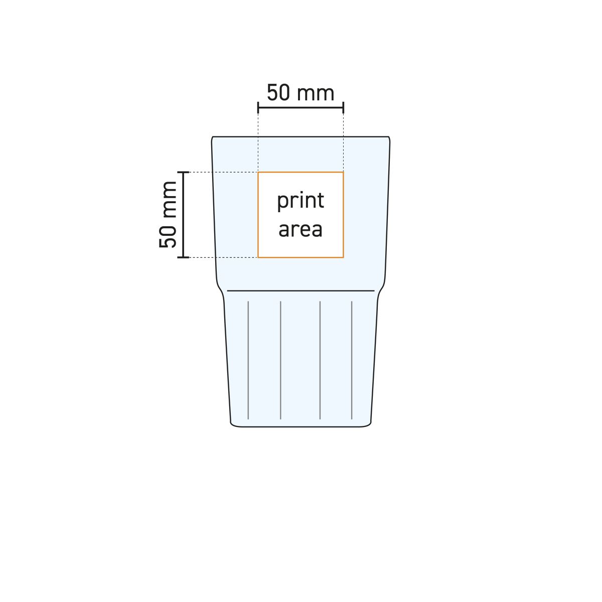 Technische werktekening van Next Longdrink Stapelglas 28,4 cl met gemarkeerd drukoppervlak.