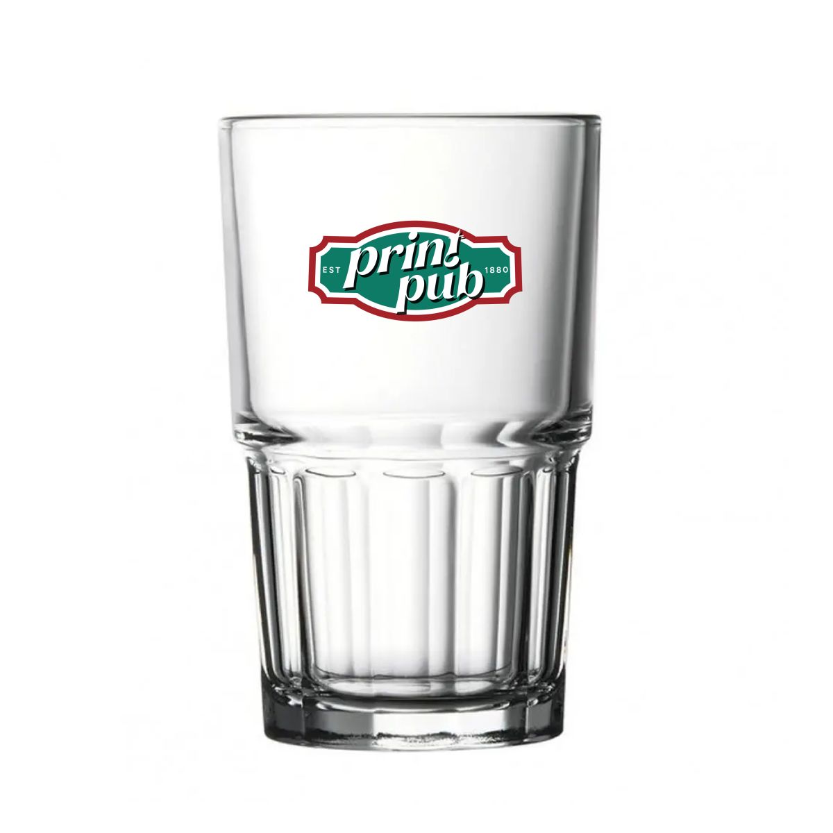 Next Longdrink Stapelglas 28,4 cl met meerkleurig PrintPub-logo aan de voorkant.
