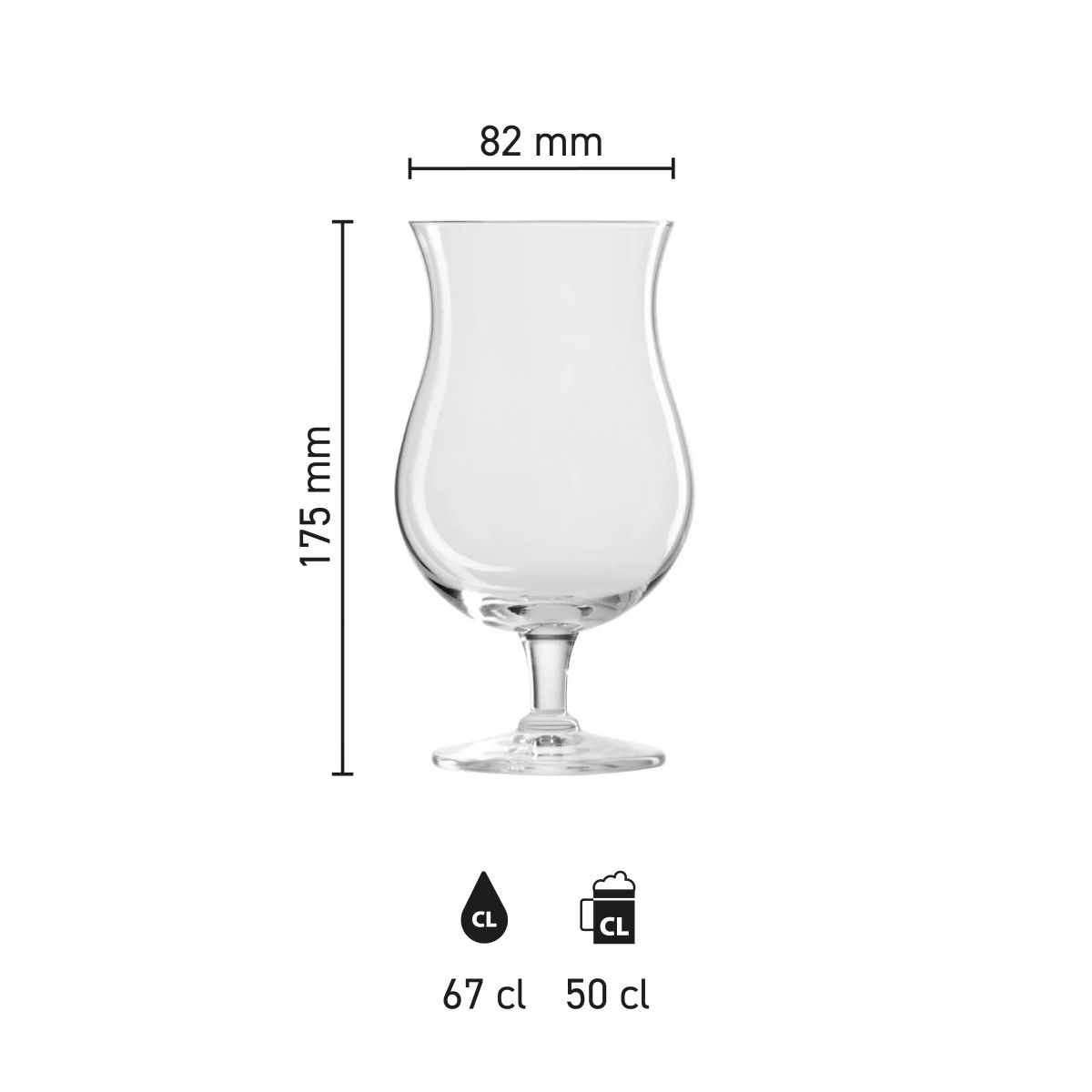 Maatvoering van de Panama Pokal 50 cl tapmaat glas met hoogte, diameter en inhoud in infographic