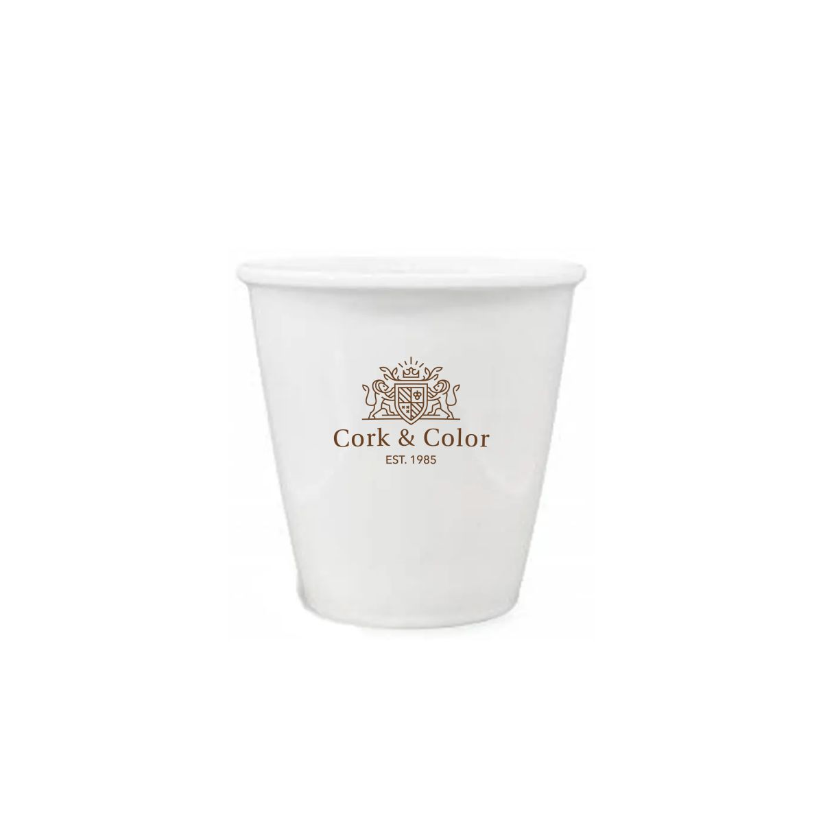 Papercup porselein 6 cl. met enkelkleurig logo van CorkColor prominent op voorzijde.