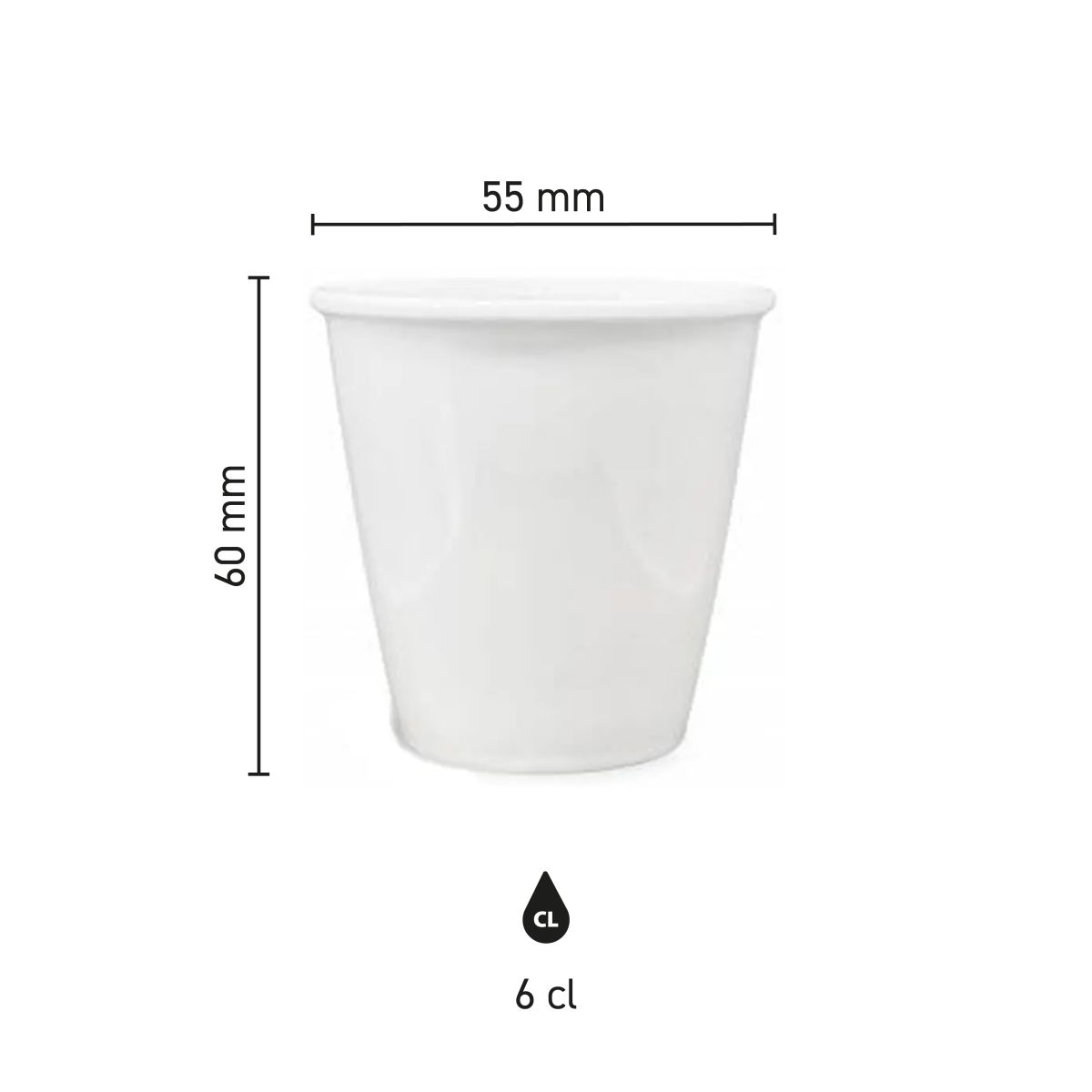 Infographic toont afmetingen van papercup porselein 6 cl. inclusief hoogte en diameter.