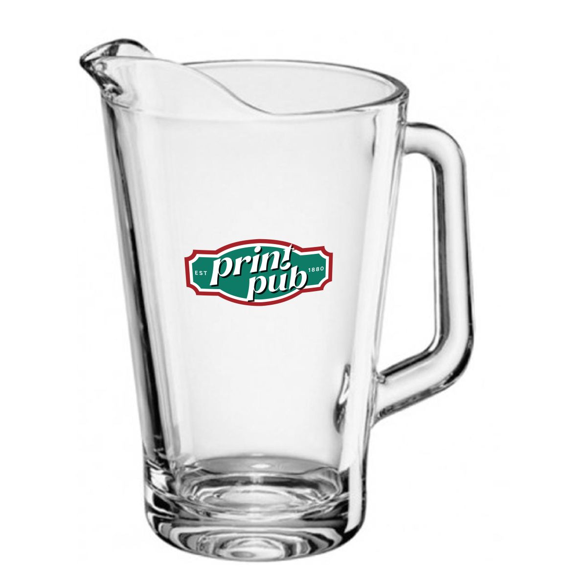 PrintPub-logo in meerdere kleuren op de voorzijde van de Pitcher Conic 1,8 liter glas.