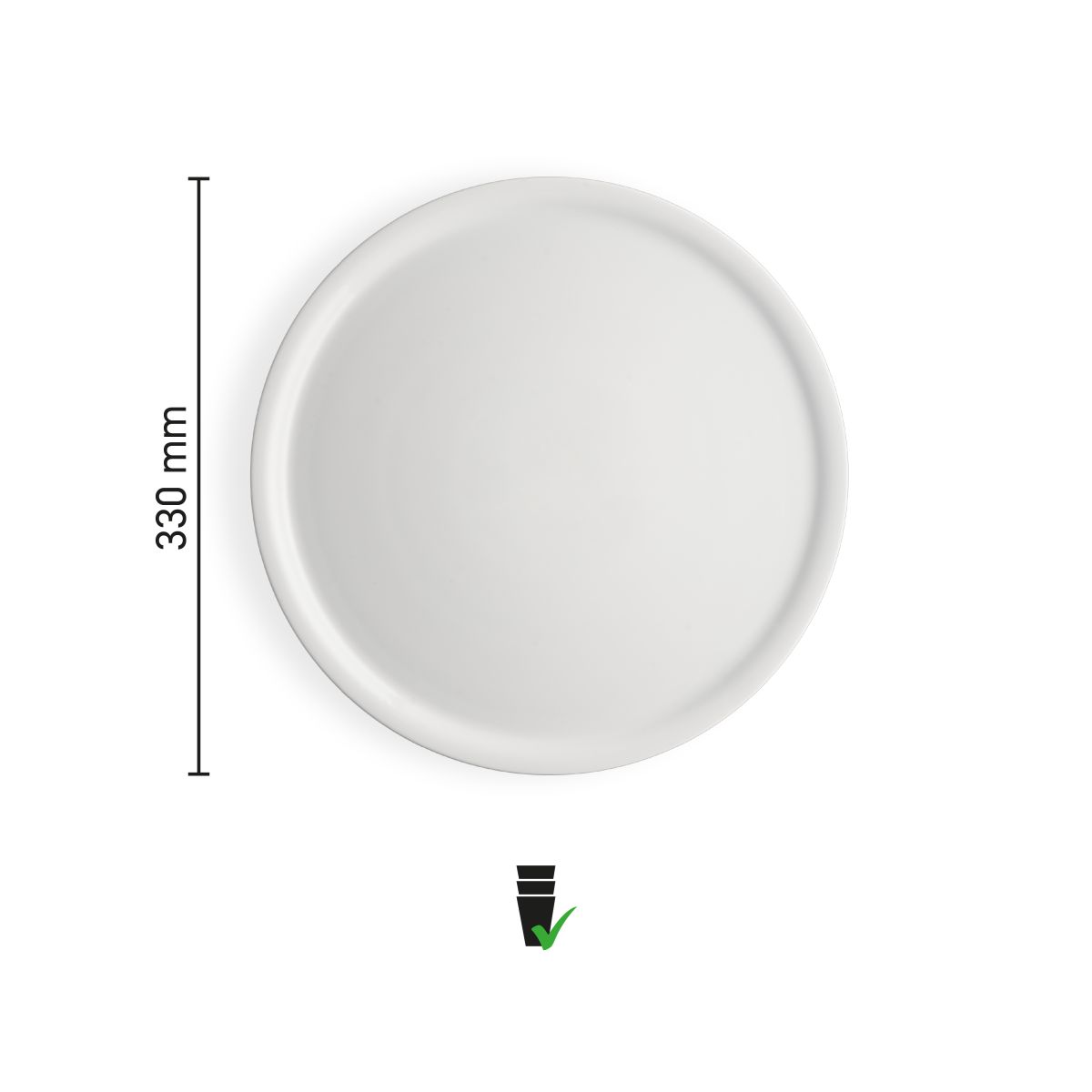 Infographic met afmetingen van wit pizzabord Essentials 32 cm porselein, diameter en randhoogte visueel weergegeven