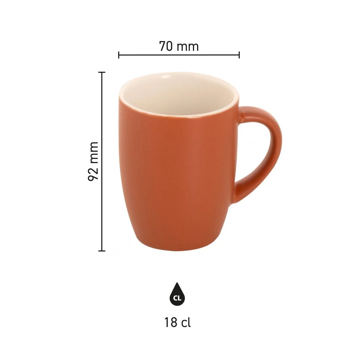 Infographic met productafmetingen van Robusta mok 18 cl. in mat bruinporselein.