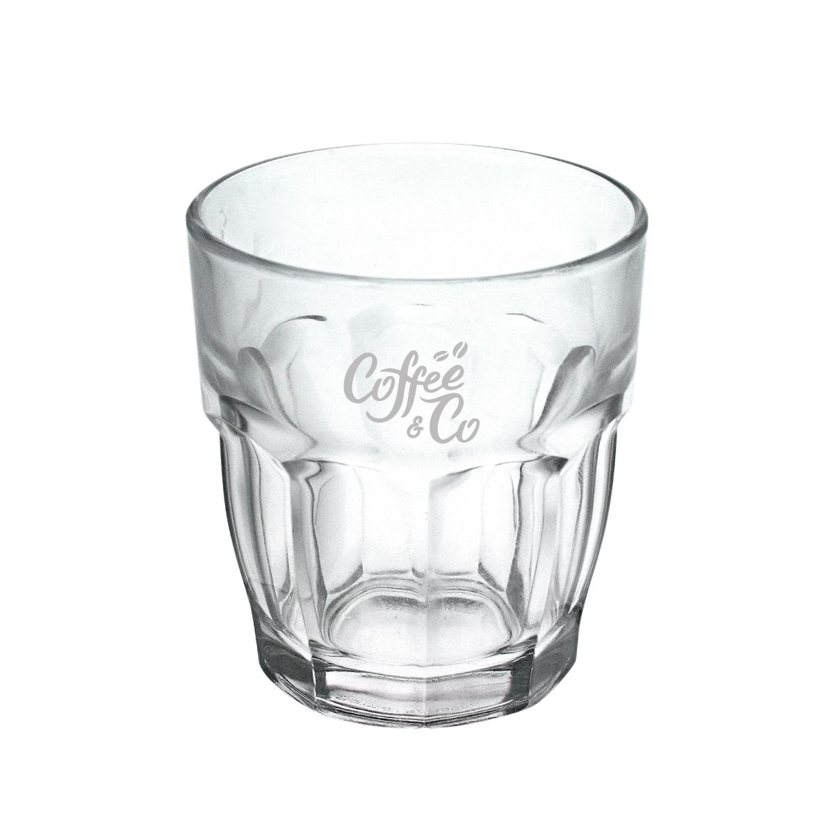 Rockbar Tumbler glas van 20 cl met CoffeeCo-logo gegraveerd op de voorzijde, zichtbaar in fijne matte afwerking.