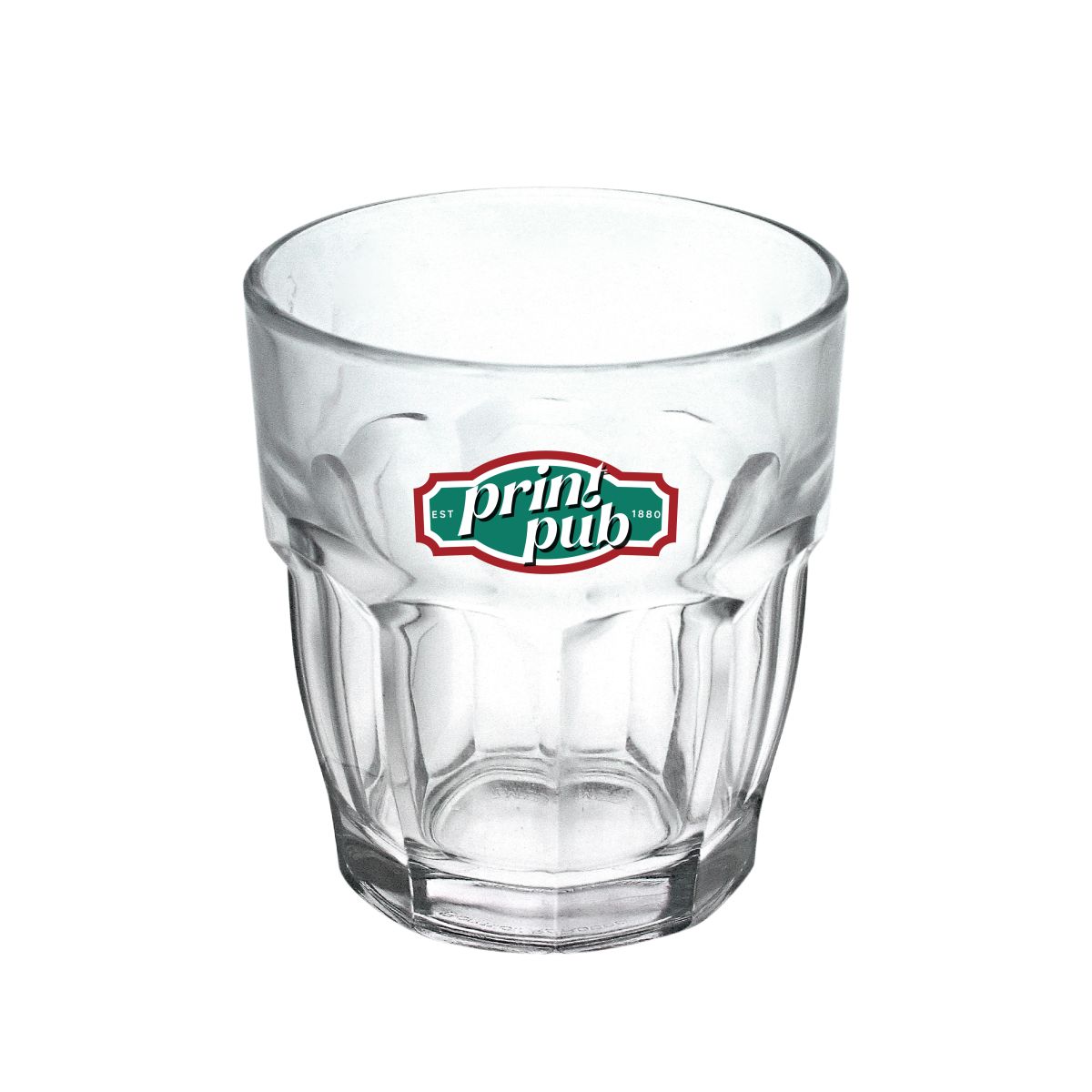Rockbar Tumbler glas van 20 cl met meerkleurig PrintPub-logo op de voorzijde, bedrukt in twee tot vier kleuren.