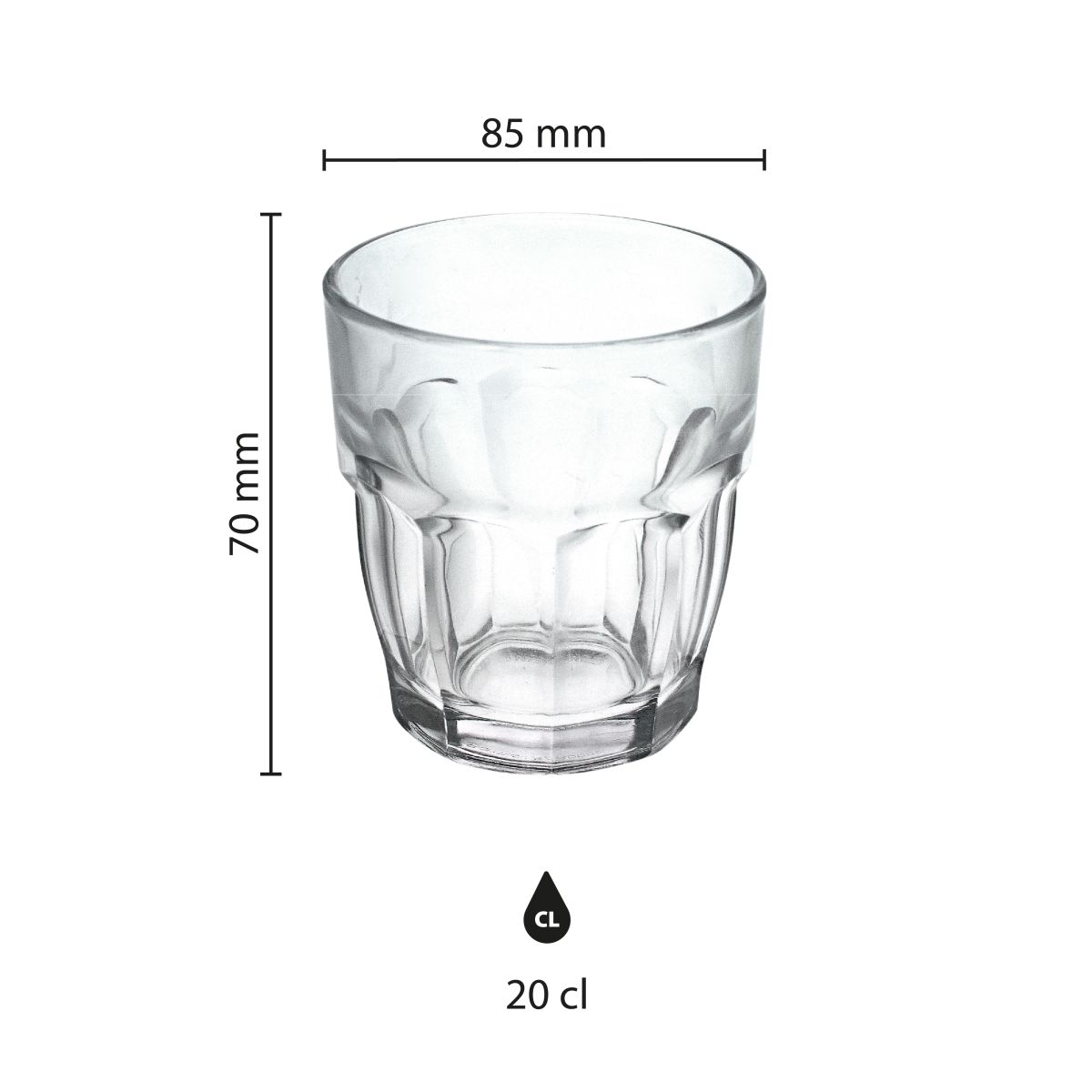 Infographic toont afmetingen van het Rockbar Tumbler glas van 20 cl, inclusief hoogte en diameter in millimeters.