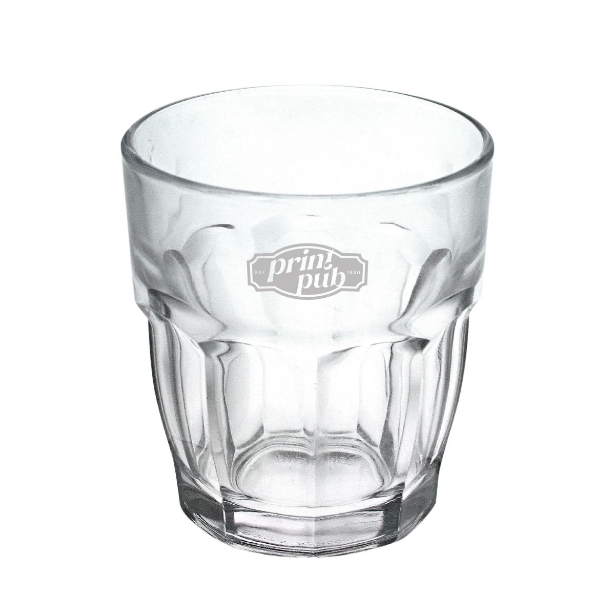 Rockbar Tumbler glas 27 cl. met gegraveerd PrintPub logo zichtbaar aan de voorkant.