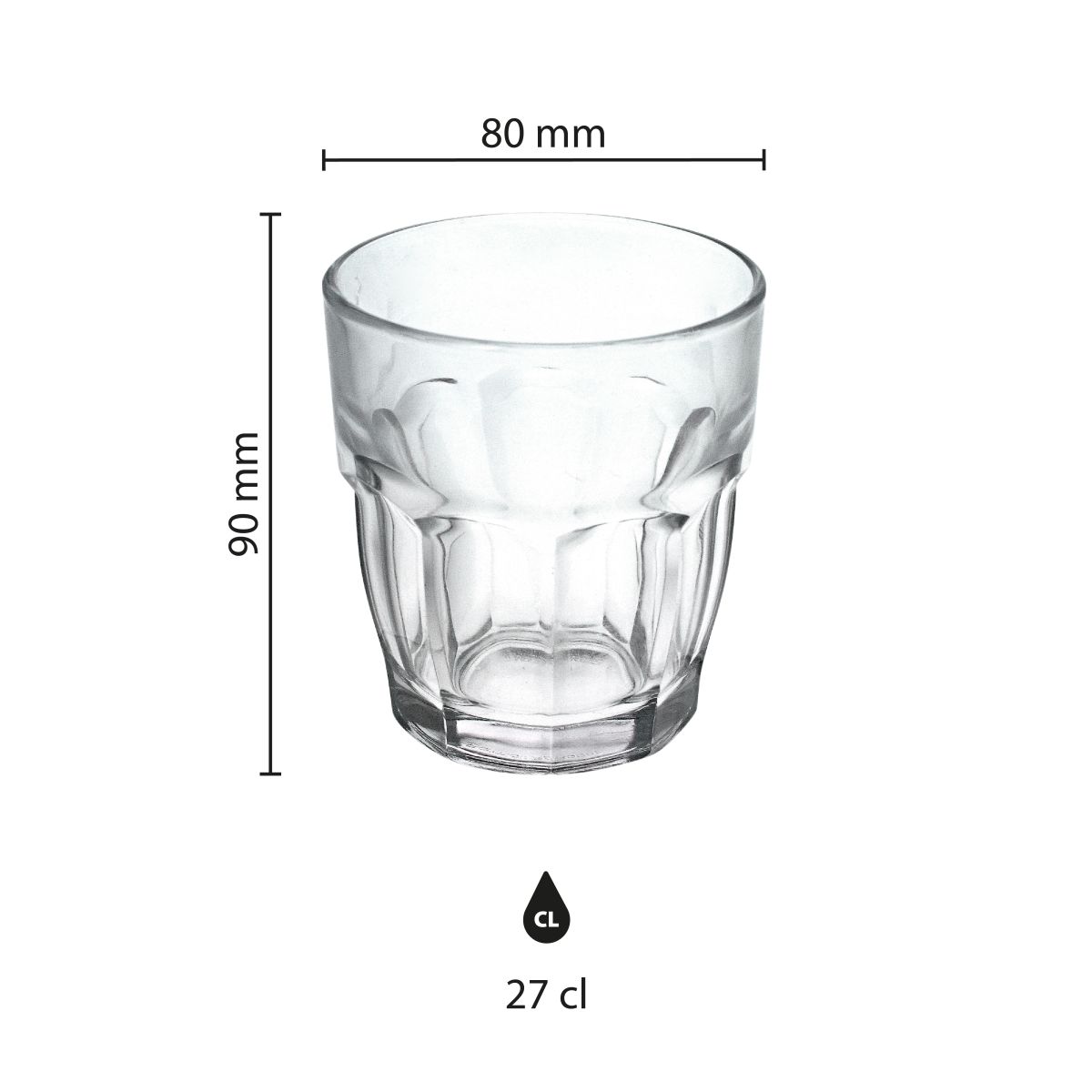 Infographic van Rockbar Tumbler glas 27 cl met aangegeven productafmetingen in centimeters.
