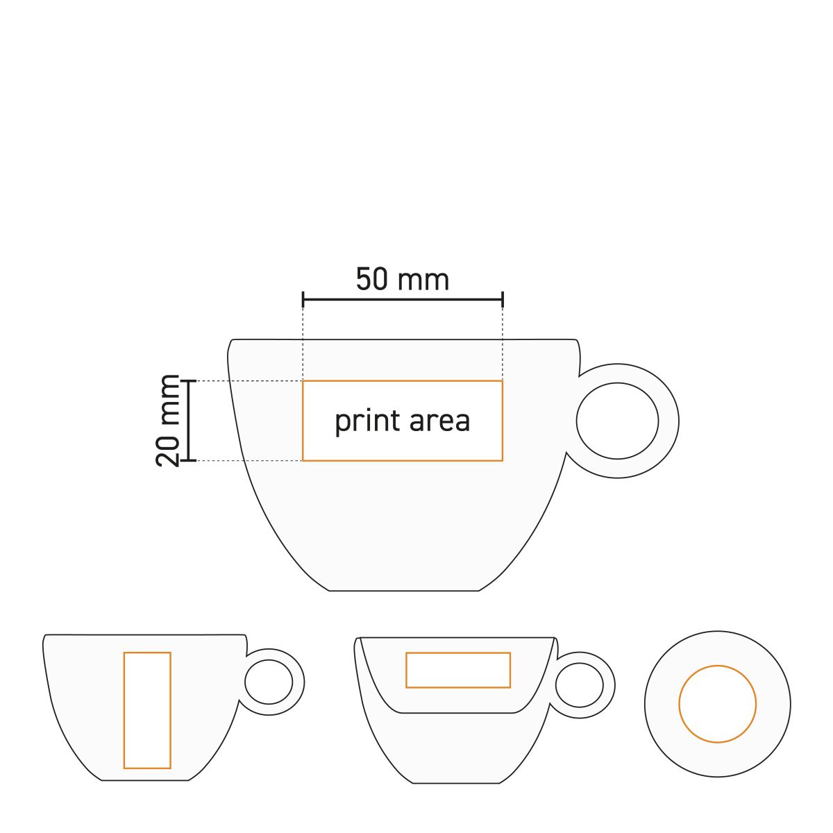 Technische werktekening van Rondo Cappuccino 20 cl. SET porselein met aanduiding van het drukgebied.