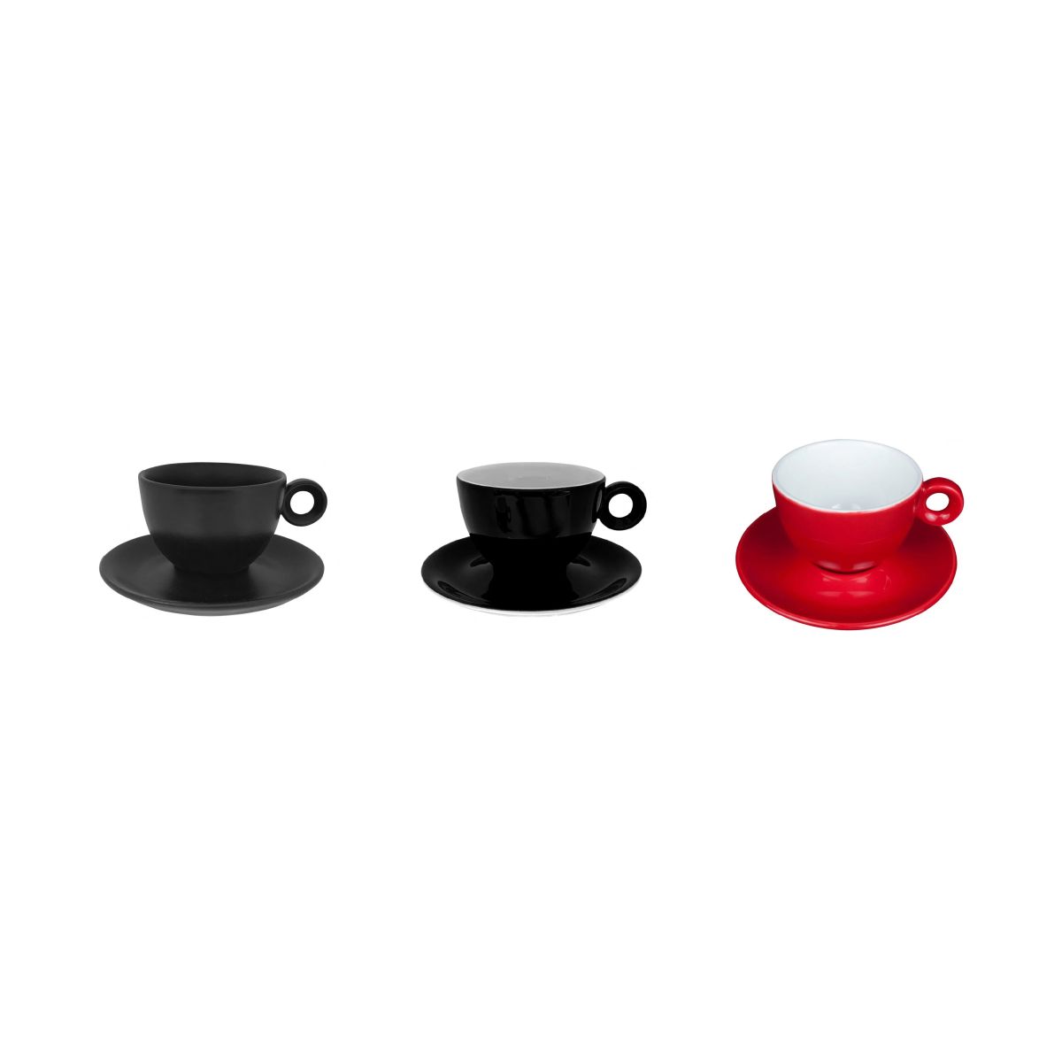 Visueel overzicht van verschillende kleuren Rondo Cappuccino 20 cl. porseleinen sets naast elkaar.