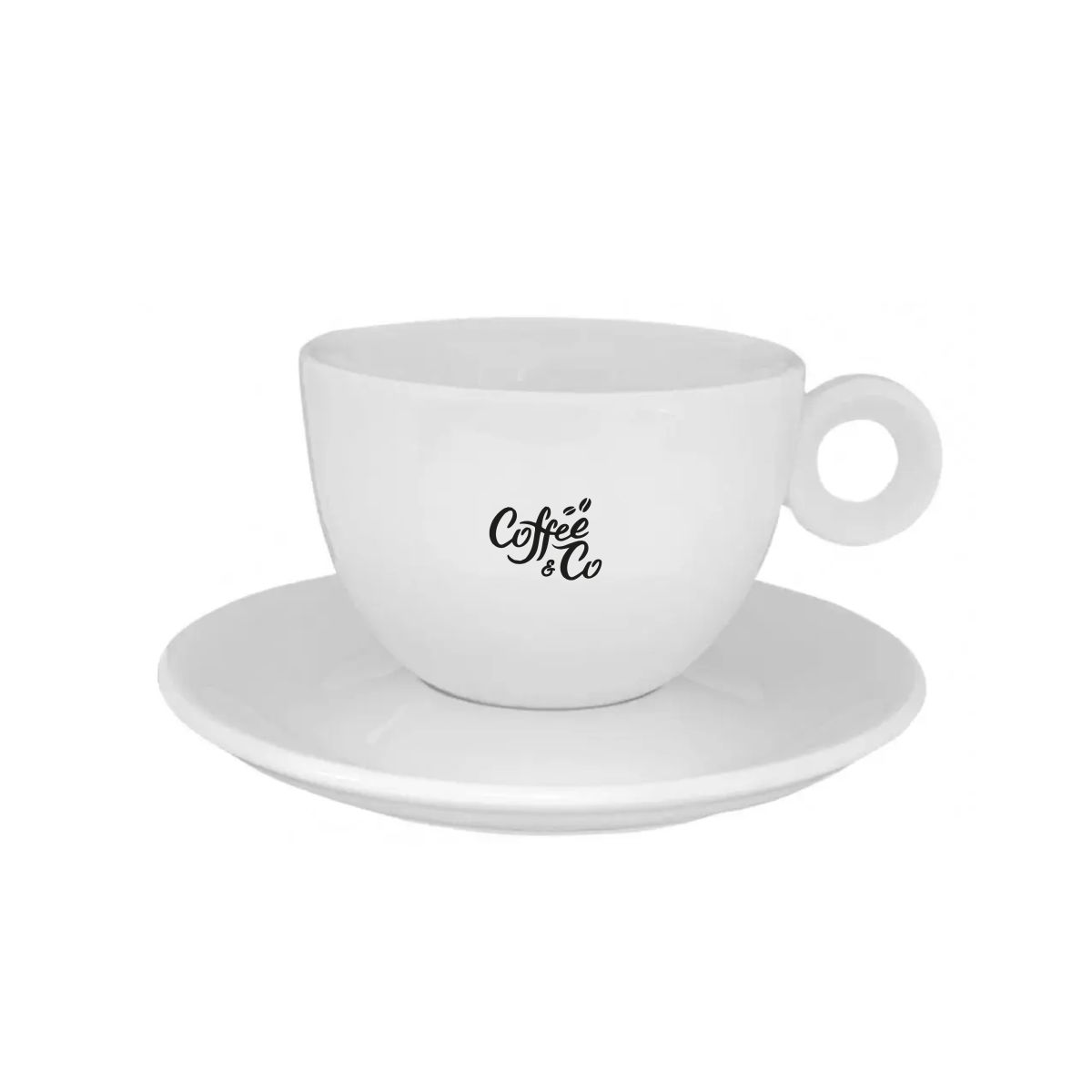 Vooraanzicht van Rondo Cappuccino 20 cl. SET met gedrukt CoffeeCo-logo in één kleur op de kop.