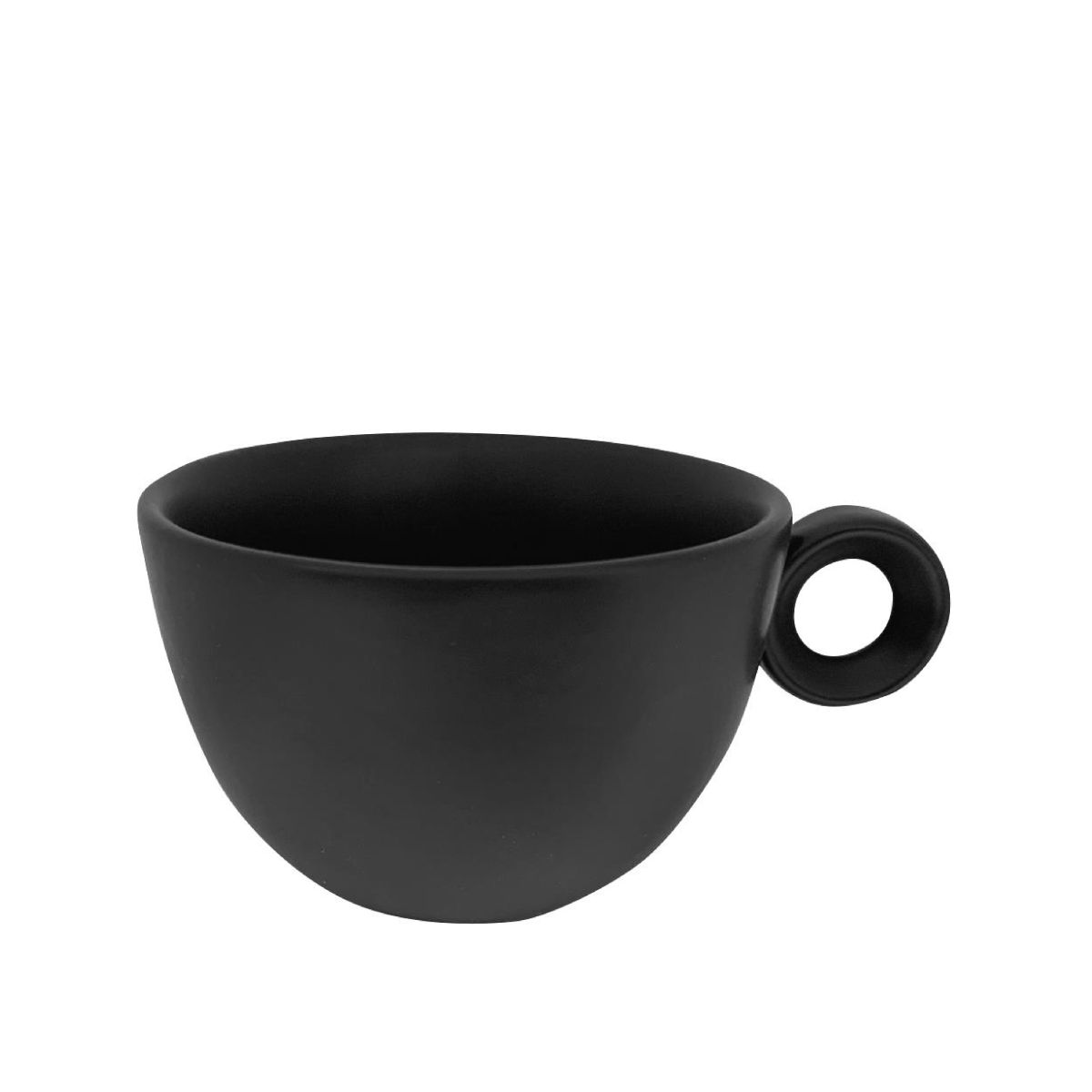 Vooraanzicht van de matzwarte porseleinen Rondo Cappuccino kop 20 cl. met ronde vorm en oor aan de rechterzijde.