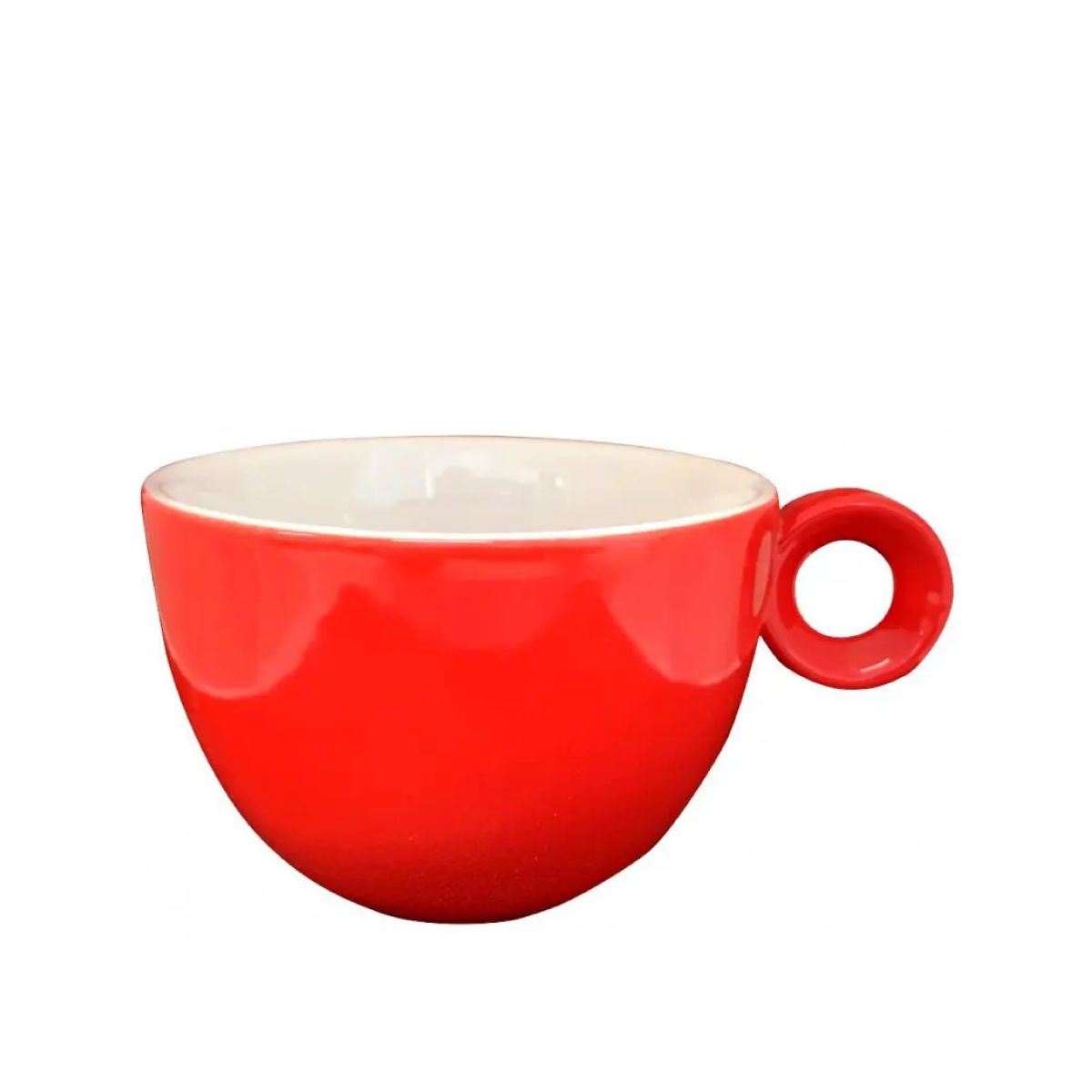 Vooraanzicht van de rood-witte porseleinen Rondo Cappuccino kop 20 cl. met ronde vorm en oor aan de rechterzijde.