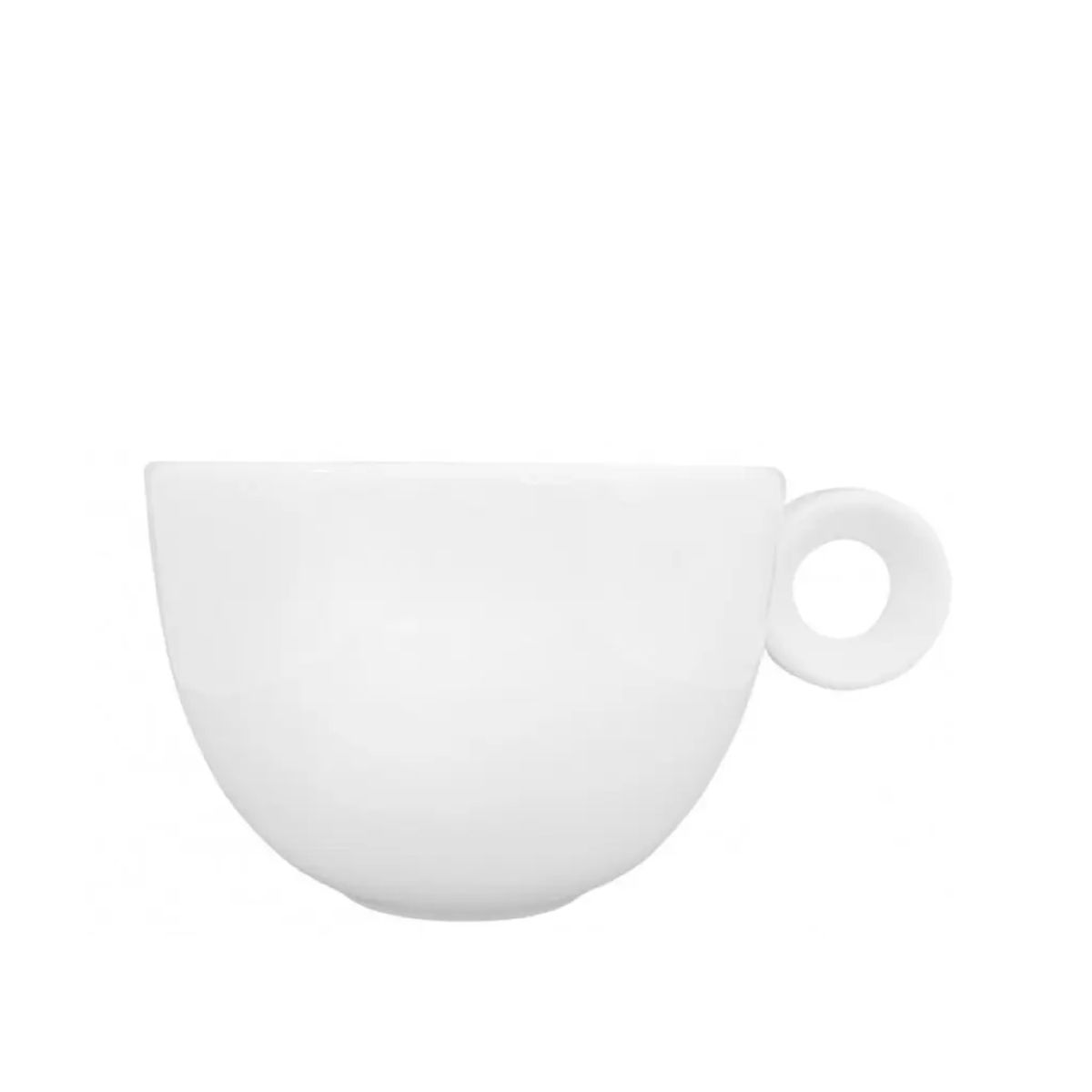 Vooraanzicht van witte porseleinen Rondo Cappuccino kop 20 cl. met ronde vorm en oor aan de rechterzijde.
