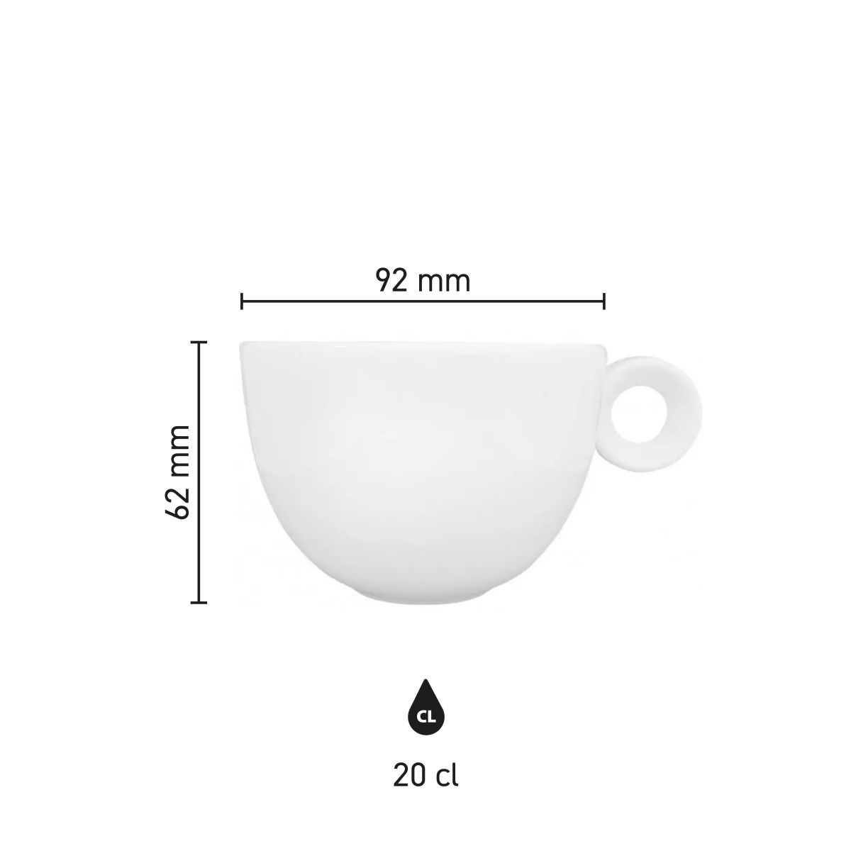 Infografiek met productafmetingen van Rondo Cappuccino kop 20 cl. porselein, inclusief hoogte en diameter.